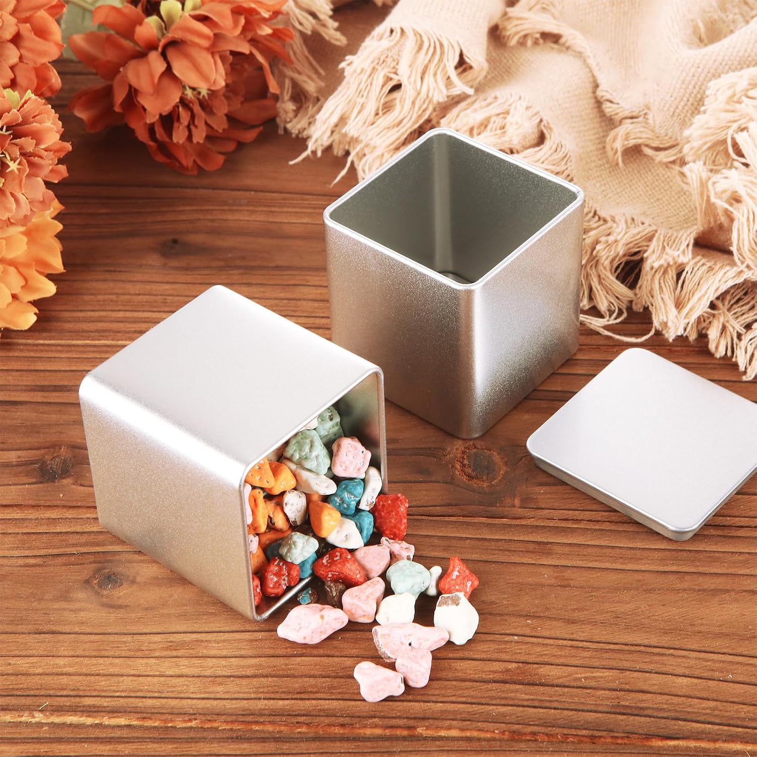 WOPPLXY 12 Pack 3Oz Square Metal Tins, Square Tin Can, Small Tea Tin Canisters, Loose Leaf Tea Storage Containers with Airtight Lids, Tea Containers for Loose Tea, Herbs, Coffee, Cube Sugar