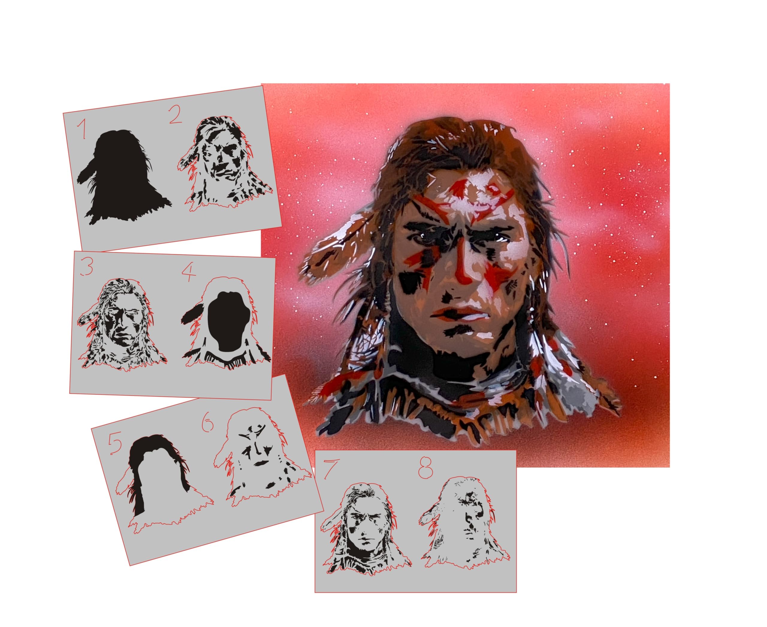 AS-385 Pochoir Indiens Step by Step pour acrylique, aérographe, spray, vernis et peinture murale Taille XL