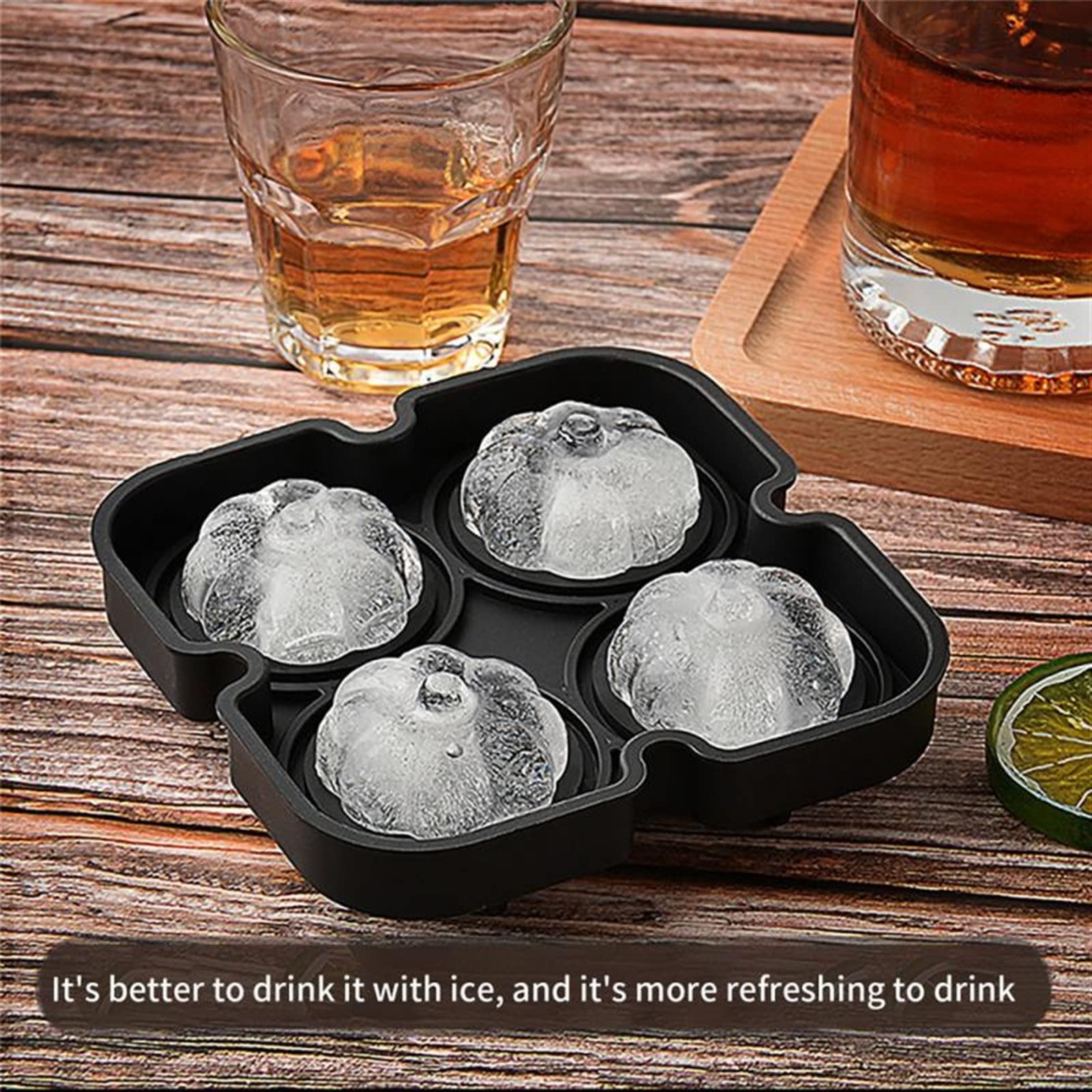 Vassoio per cubetti di Ghiaccio in Silicone a 4 cavità - A Forma di Zucca - Perfetto per Gelato, caffè, Whisky e Cocktail - Strumento da Cucina per preparare Palline di Ghiaccio - (Colore: