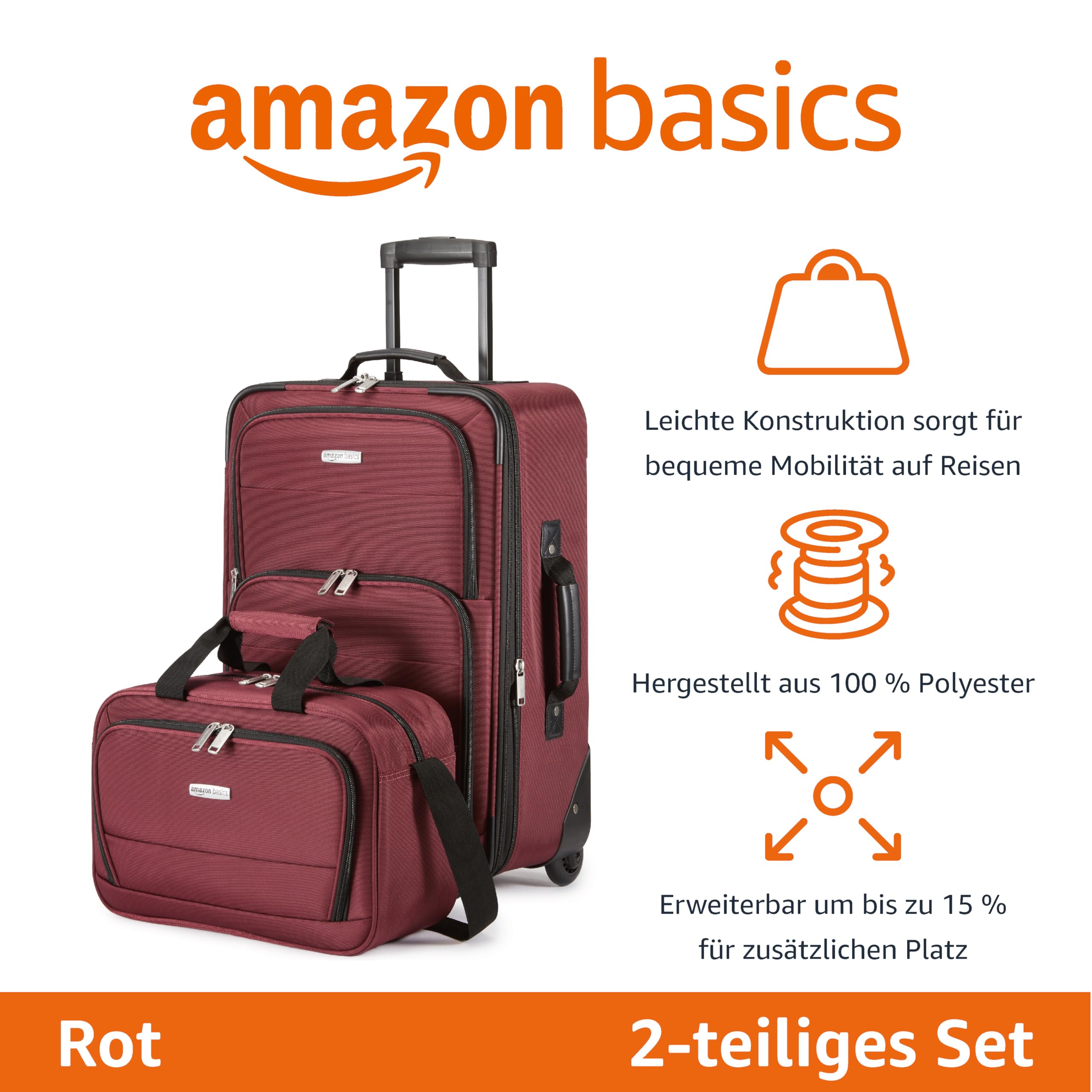 Amazon Basics 2-Teiliges Weichschalen-Koffer-Set, Erweiterbares Handgepäck (58 cm) und Tragetasche (25 cm), Leicht, 100% Polyester, Stapelbares Set, Rot