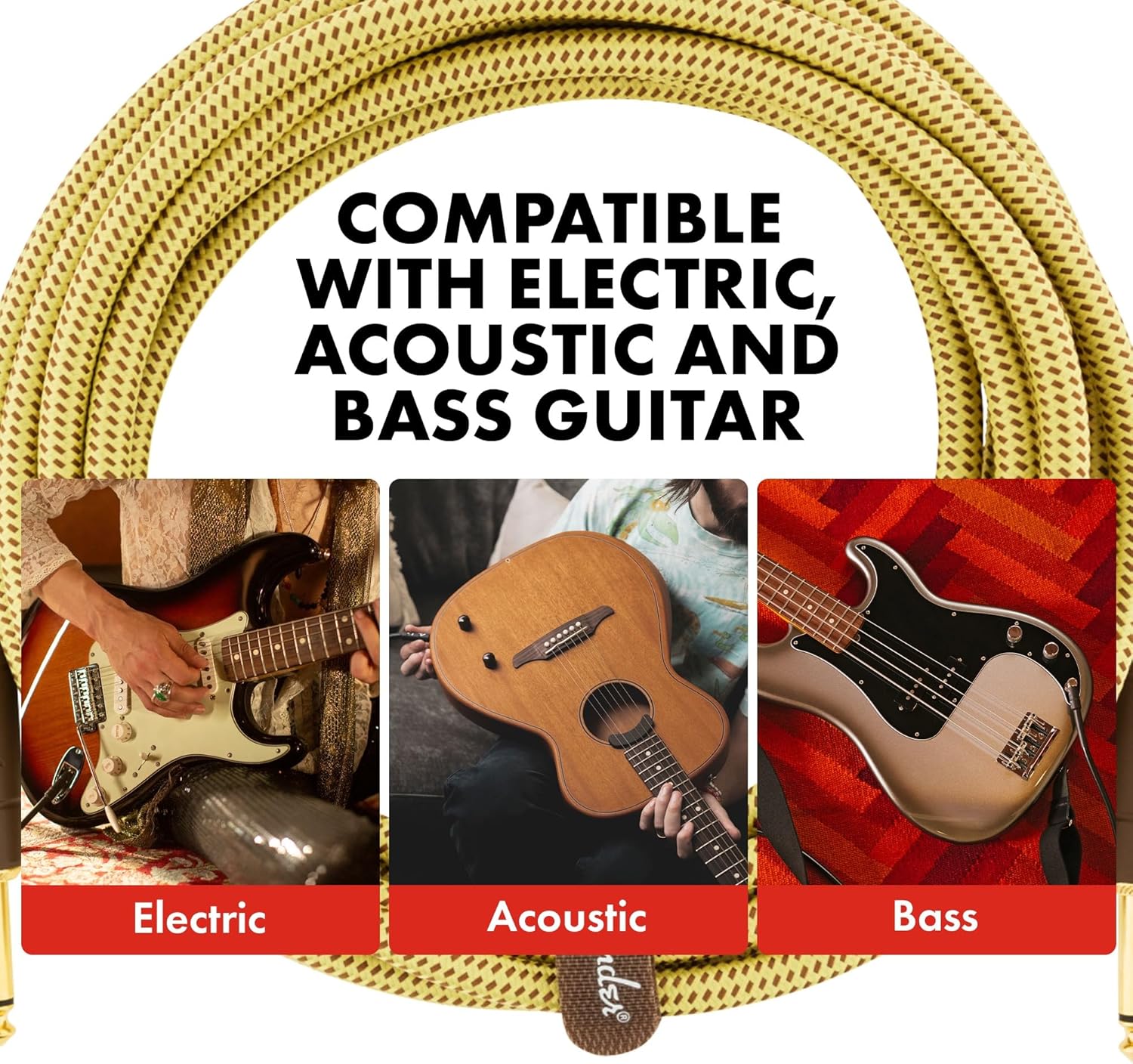Fender Deluxe Series Instrument Cable, Guitar Cable, Guitar Accessories, Straight/Angle, Tweed, 15ft