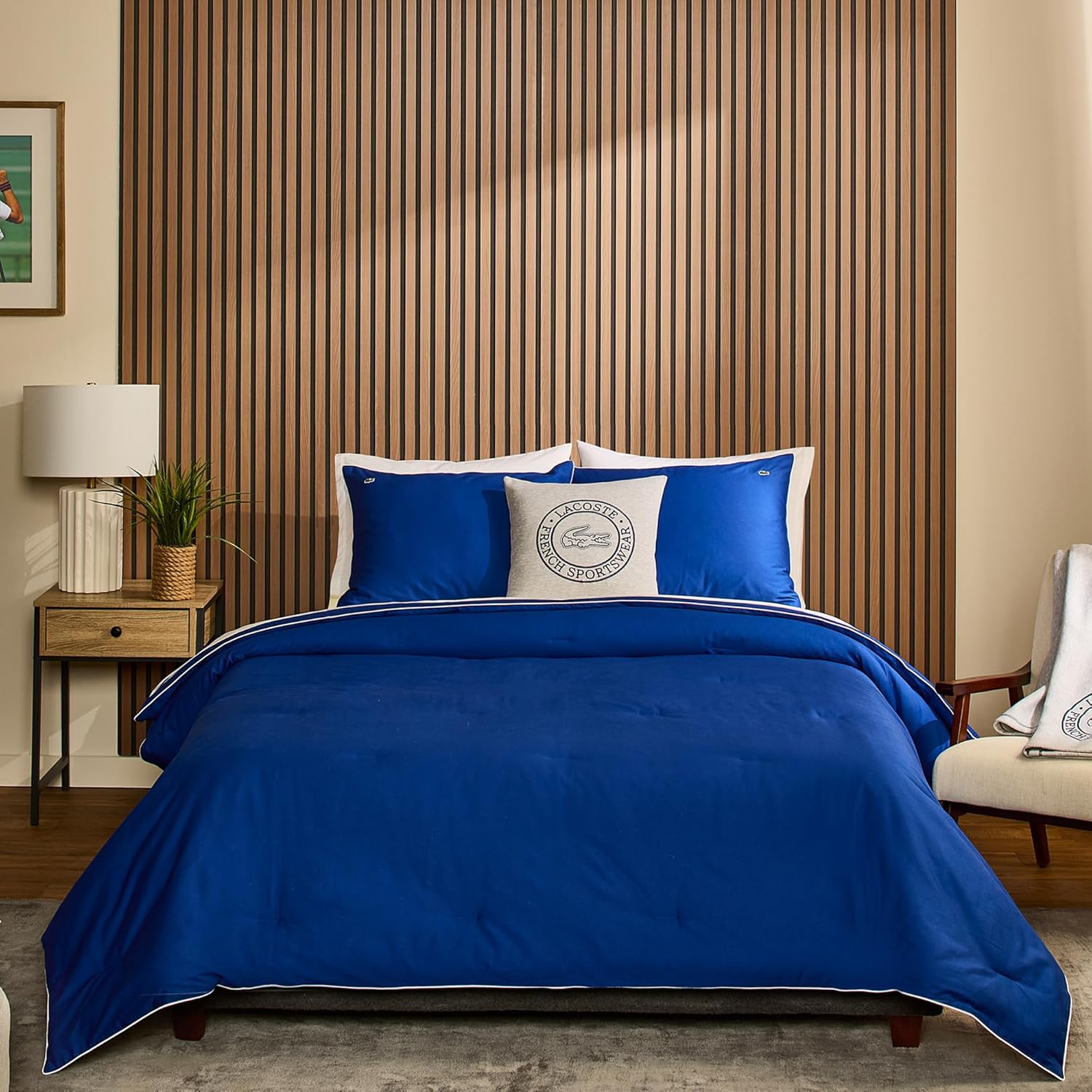 Lacoste Tiebreak Comforter Set – 100% Brushed Cotton Twill 215 Thread Count, Ribbed Ottoman Weave, Textured Dobby Finish, Down-Alternative All-Season Warmth, Oeko-TEX Certified, Surf Blue, Full/Queen
