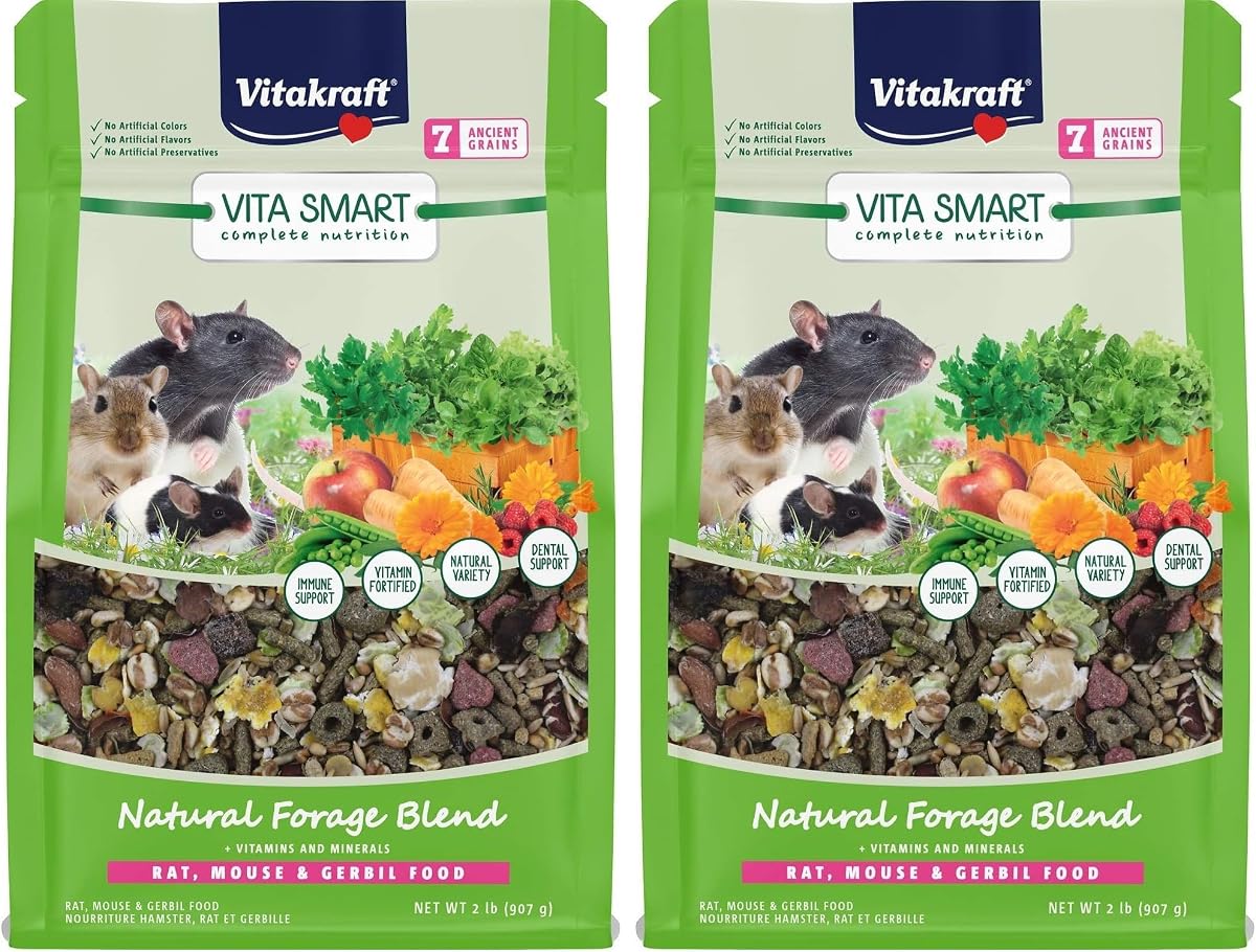 Vitakraft Vita Smart Rat Mouse & Gerbil Food Bolsa de 2 lb con nutrición diaria saludable Semillas premium Granos Vegetales Frutas fortificadas con vitaminas esenciales Minerales para la salud de mascotas pequeñas (paquete de 2)