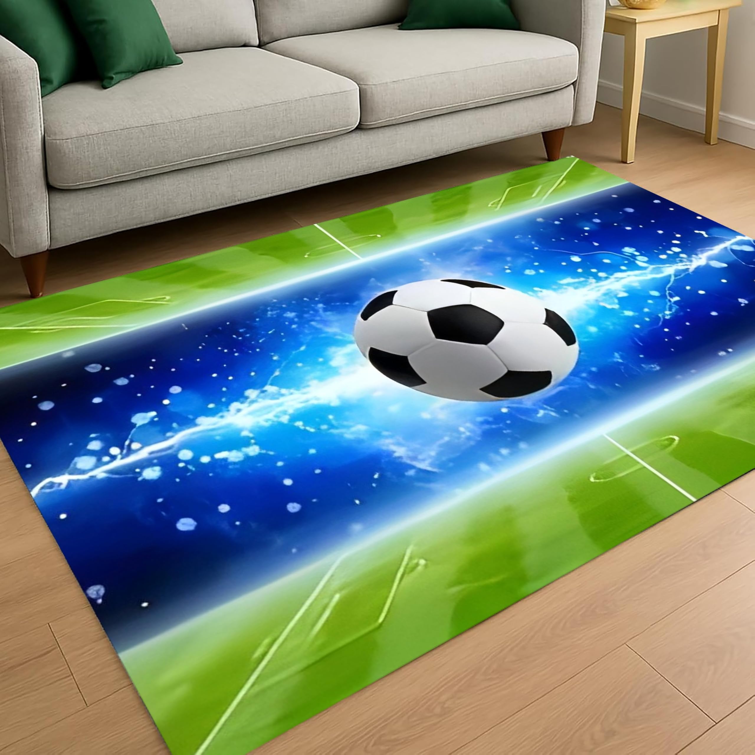 USHIRUG Soccer Field Area Rug,180x230cm, Cool Football Match Blue Background Home Non-Slip Washable Playroom Floor Rugs, Decor Soft and Easy to Clean Play Mat for Boys Girls Sports Theme Room