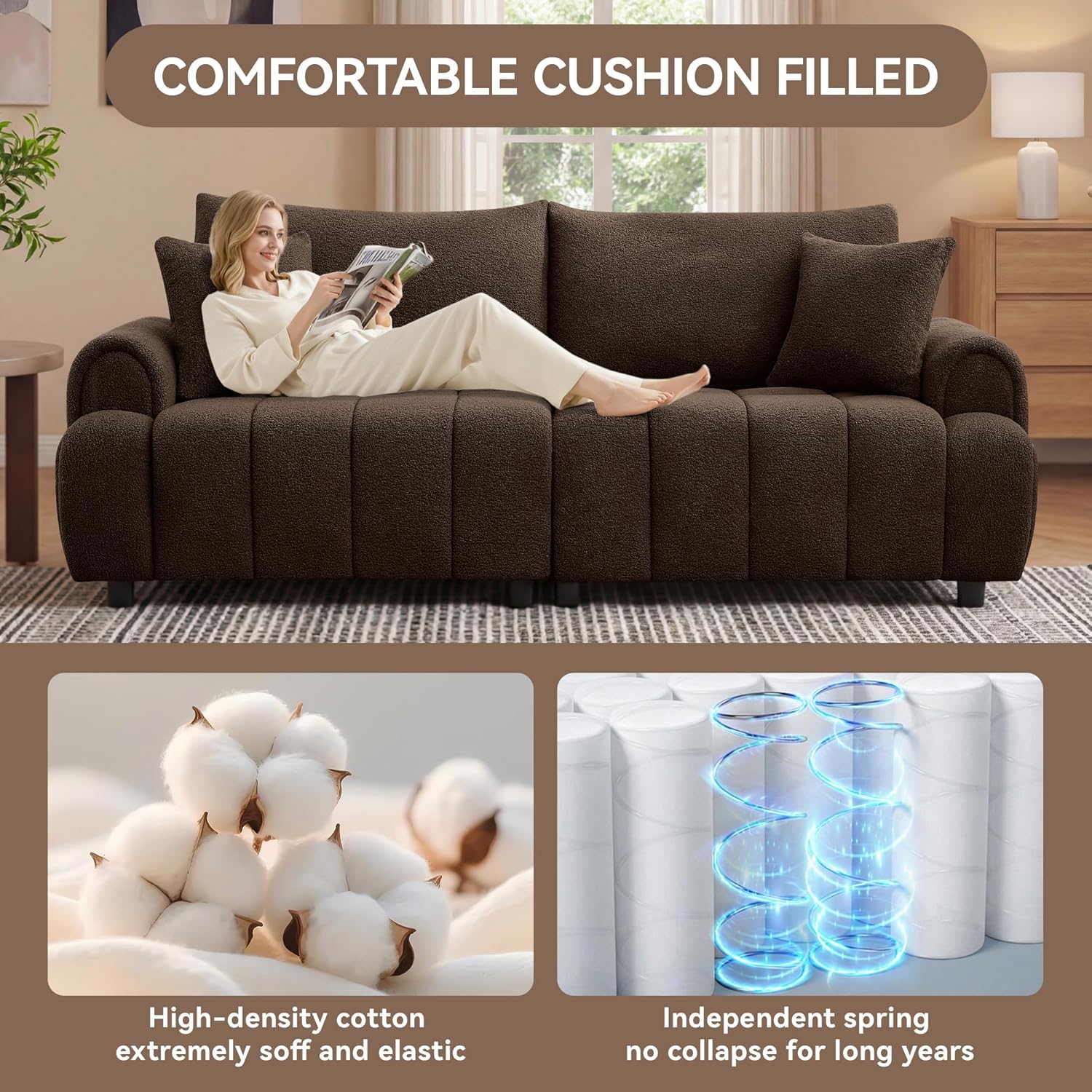 88'' Boucle Loveseat Couch, Modern Oversized 2 Seater Couches with Round Armrest & Solid Wood Frame, Upholstered Sherpa Deep Seat Sofa for Living Room, Bedroom, Apartment, Brown