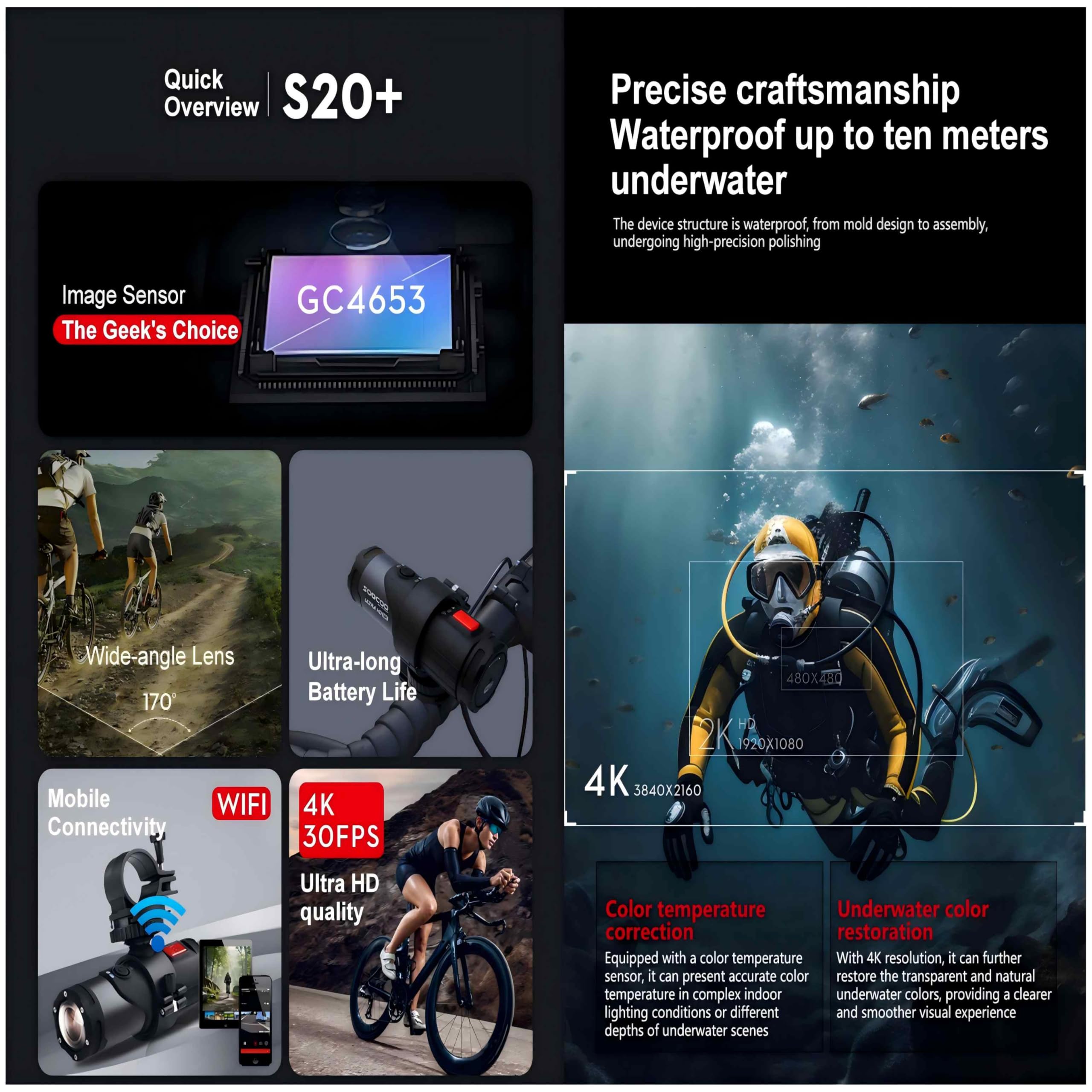 S20+ Caméra d'action 4K 30FPS 16MP