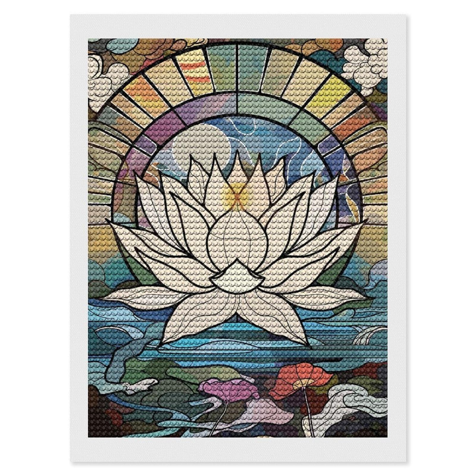 Junmoney Stained Glass Lotus Flower Diamond Painting Canvas Kit 12"x16", Adhesive Canvas, Christmas Gift, Full Kit Included, Thoughtful Present