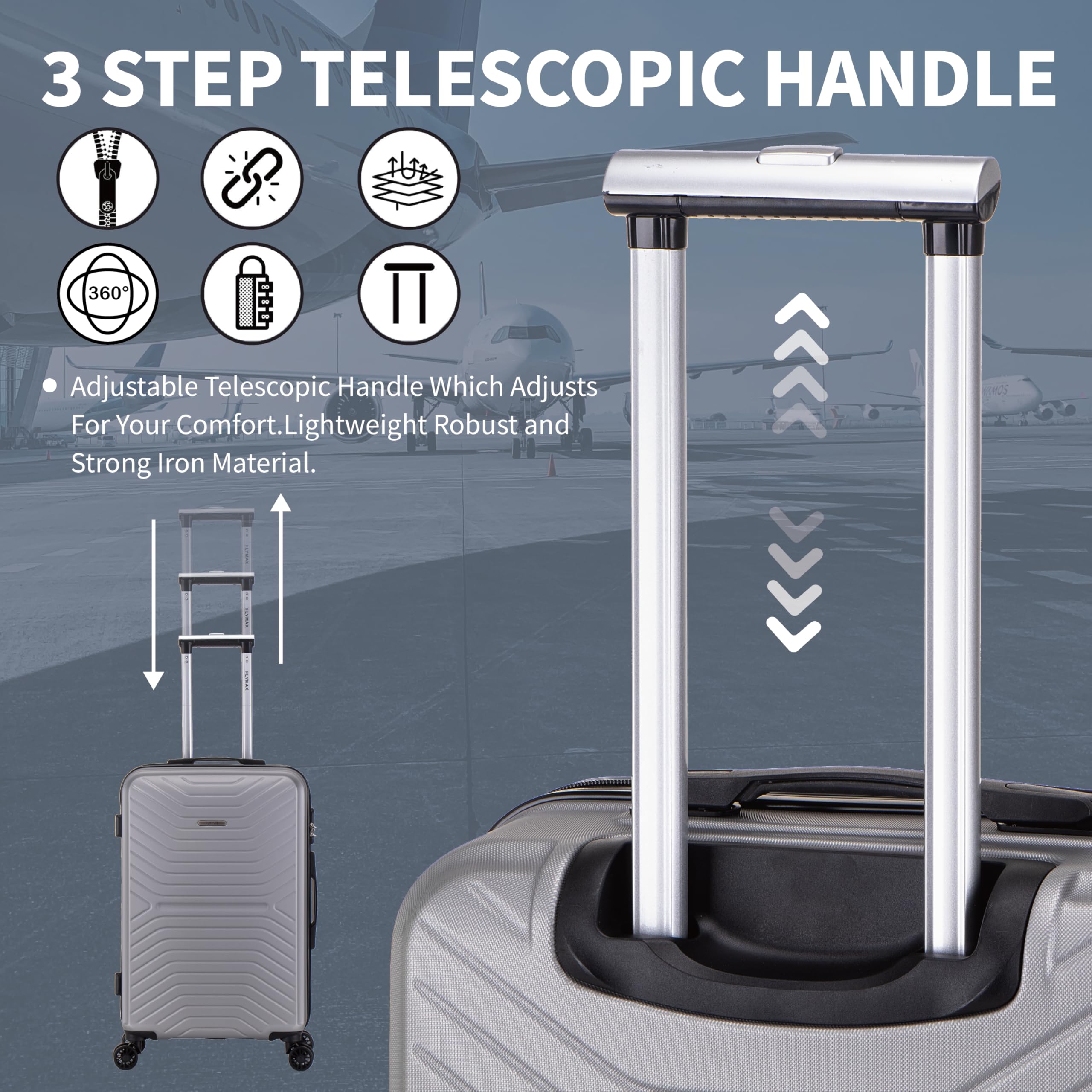 FLYMAX Valises à 4 roulettes Grandes, Moyennes & de Cabine Super Légères avec Coque Rigide et Rotation ABS pour Voyage, Argenté., 45x36x20 Carry on, Valise