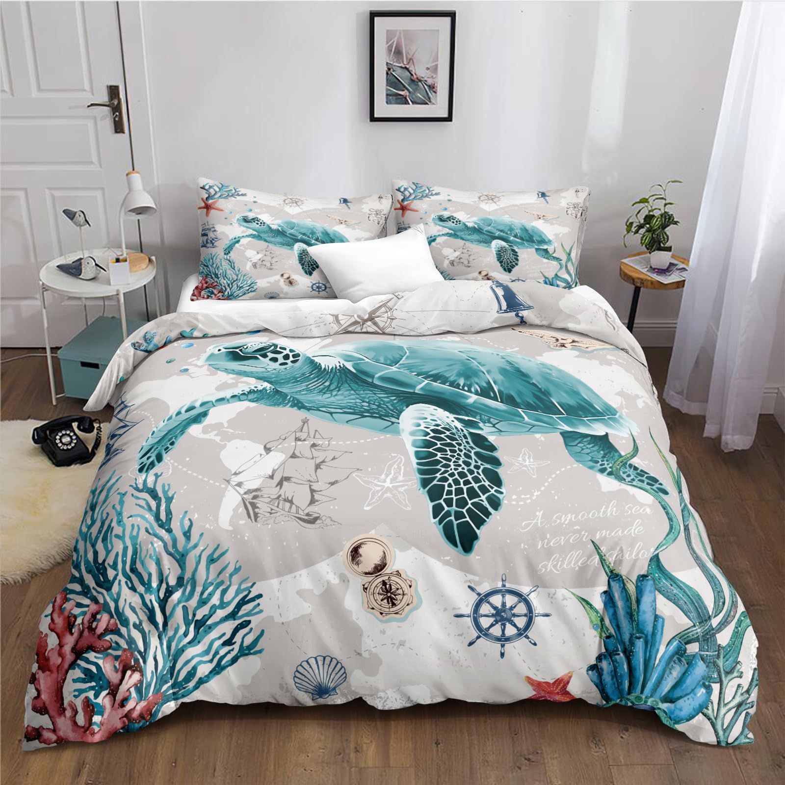 Bedbay Nautical Bedding Sea Turtle Duvet Cover Set Queen Size Boys Girls Queen Bedding Set Sea Life Ocean Themed Retro Style Ocean Coastal Bedding Set 3 Pieces,No Comforter(Turtle,Queen)
