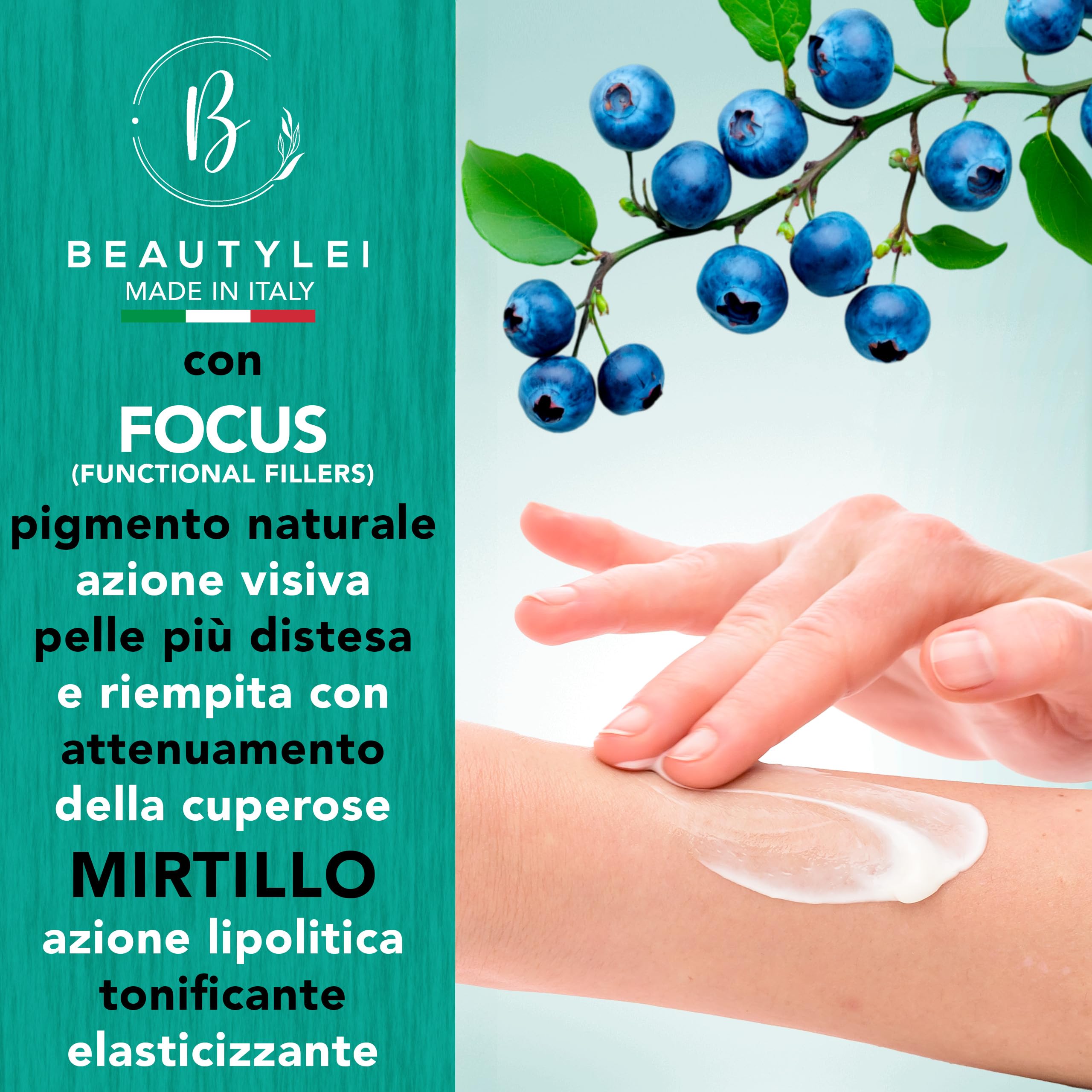 BEAUTYLEI | CREMA CORPO FOCUS 3 IN 1, Anticellulite, Snellente e Rassodante, con Edera, Ananas, Mirtillo e Fieno Greco, Caffeina, complesso Rimodellante, Finocchio Marittimo MADE IN ITALY