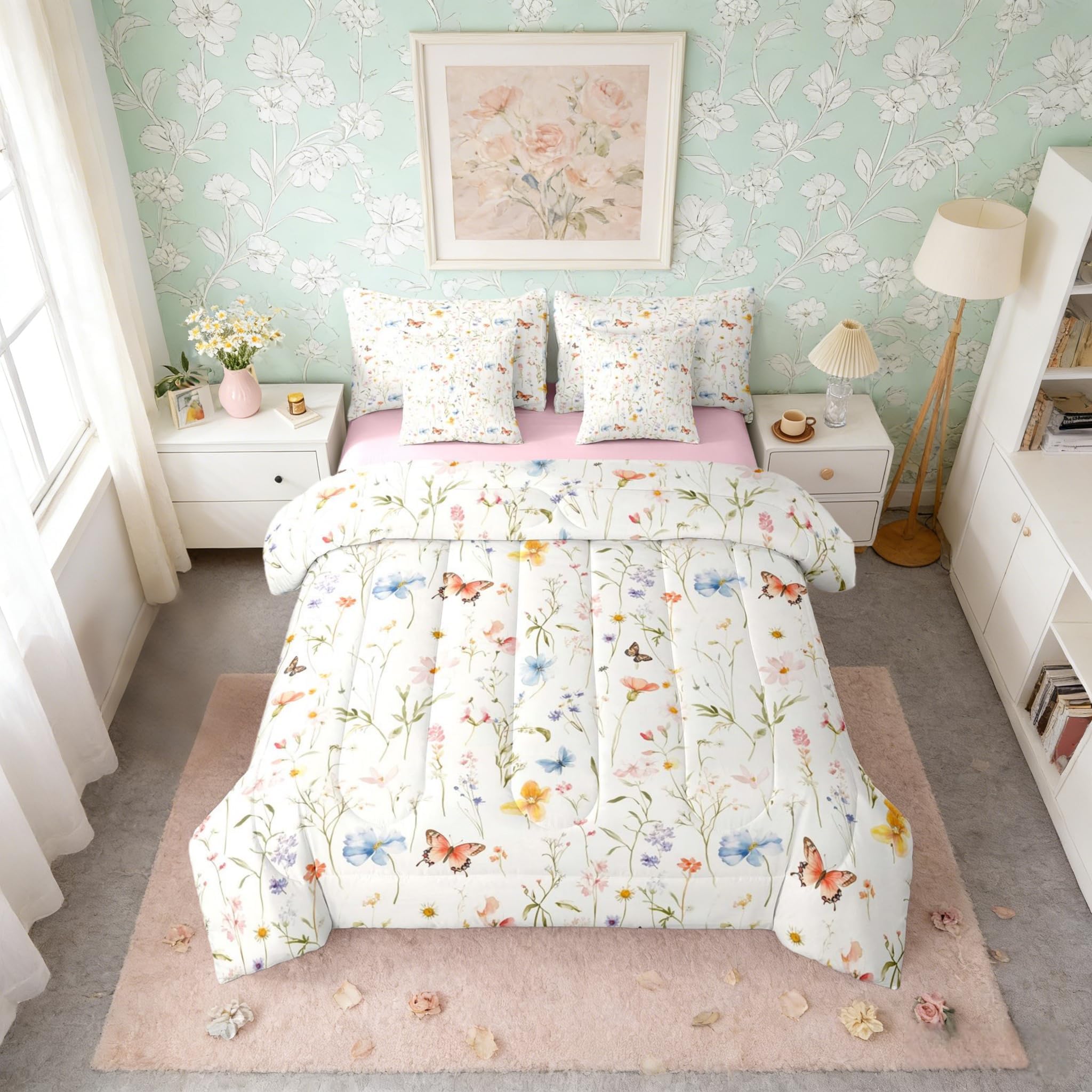 Erosebridal Boho Floral Twin Comforter Set with Sheets 7 Piece Cute Colorful Flowers Bed in A Bag Bohemian Wildflower Bedding Sets for Kids Girls Women,Watercolor Flower Butterflies Bed Set