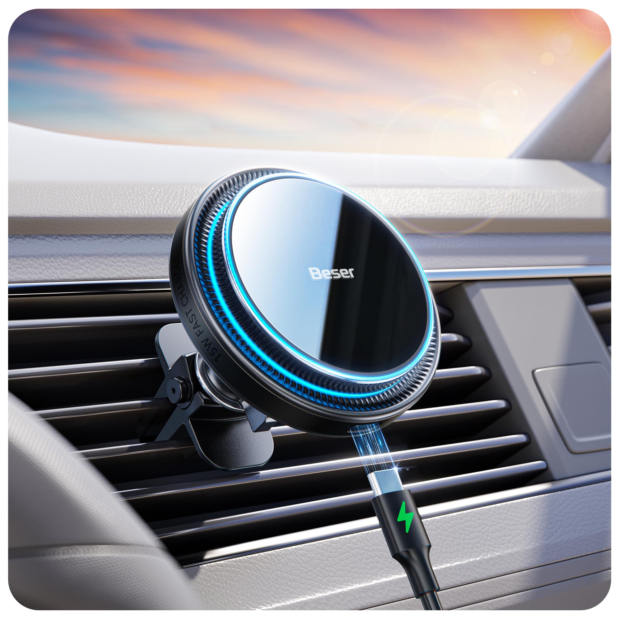 Beser 15W for MagSafe Car Mount Charger, (3.81 lbf) Magnetic Qi Wireless Car Charger, Vent/Dashboard, Phone Holder Mount for iPhone 15/14/13/12 Series, Fast Charging, Aluminium, Deep Black