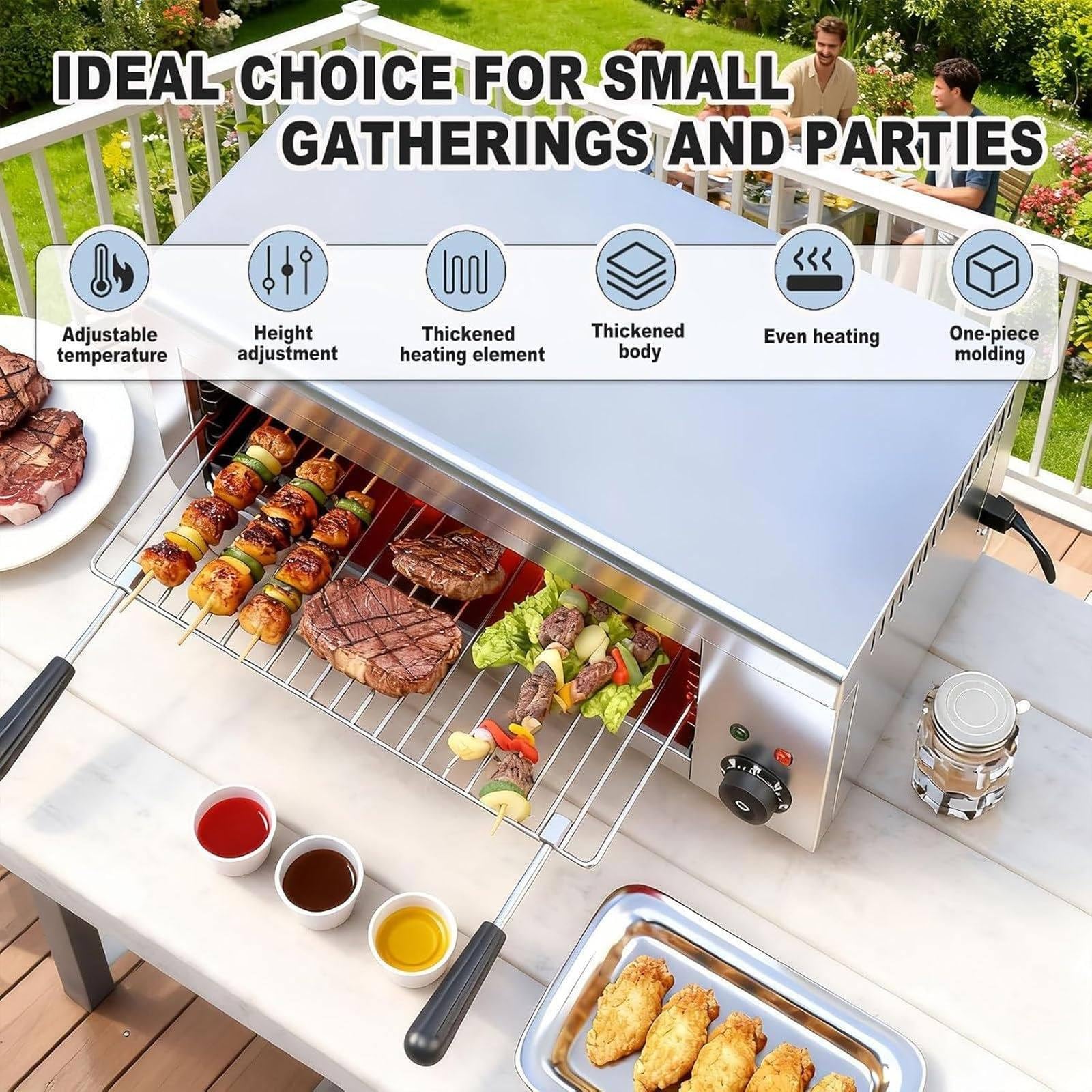 Grill Salamandra Comercial de Sobremesa, Rejilla Ajustable, Fundidor de Queso Eléctrico 2000W, Horno de Acero Inoxidable para Fundir Queso, Tostar Sándwiches, Asar Filetes - 50-300℃
