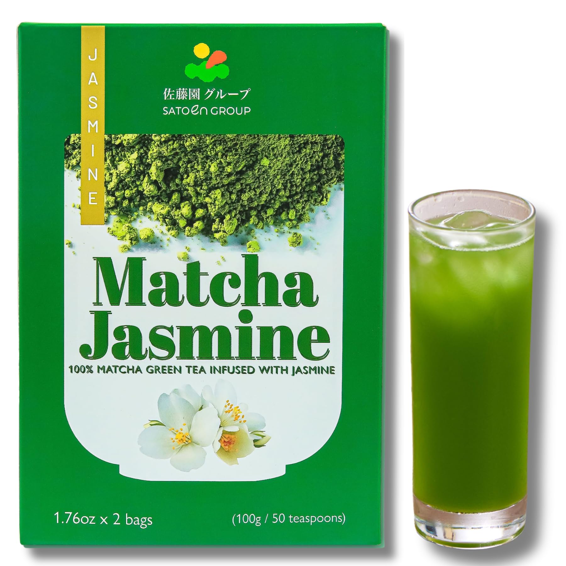 Satoen Jasmine Ceremonial Grade Matcha Powder - Spring First Harvest with Jasmine Flavor - Ideal for Matcha Tea, Iced Tea, Ice Lattes - Japanese Tea Maker - 3.52 oz (100g) - Pack of 2 bags