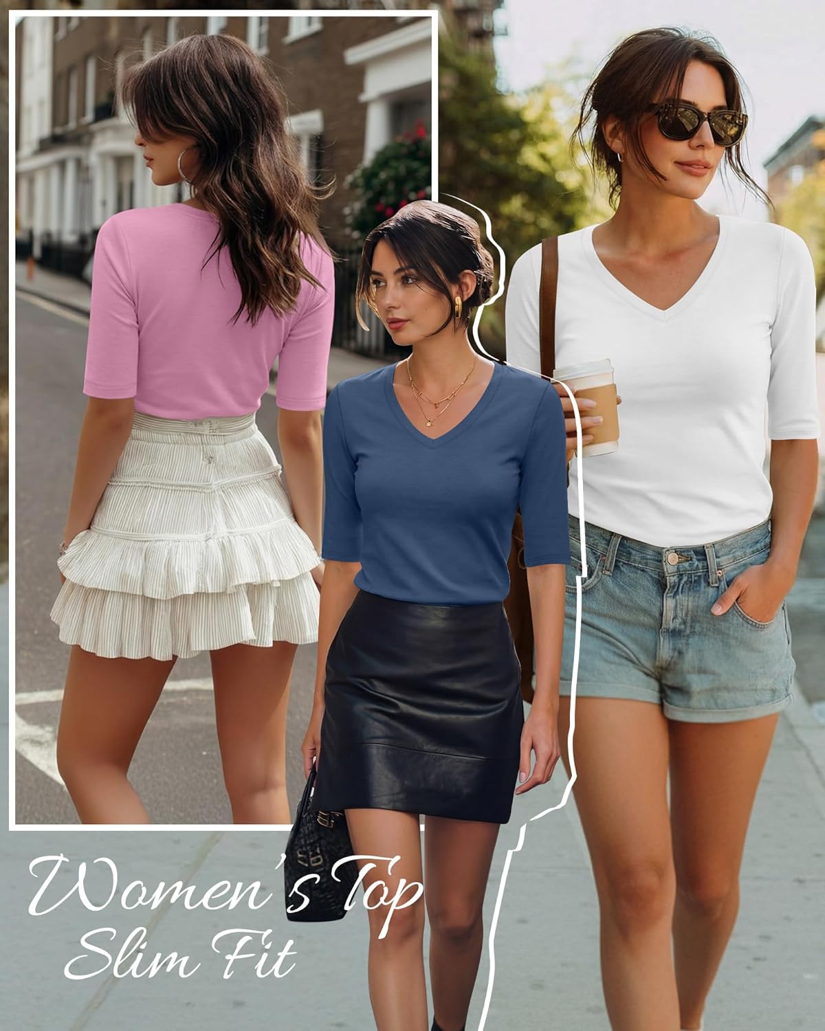 4 Pack Elbow Length Tee Shirts for Women V Neck Half Sleeve T Shirts Slim Fit 1/2 Sleeve Tops Basic Tees - Image 2