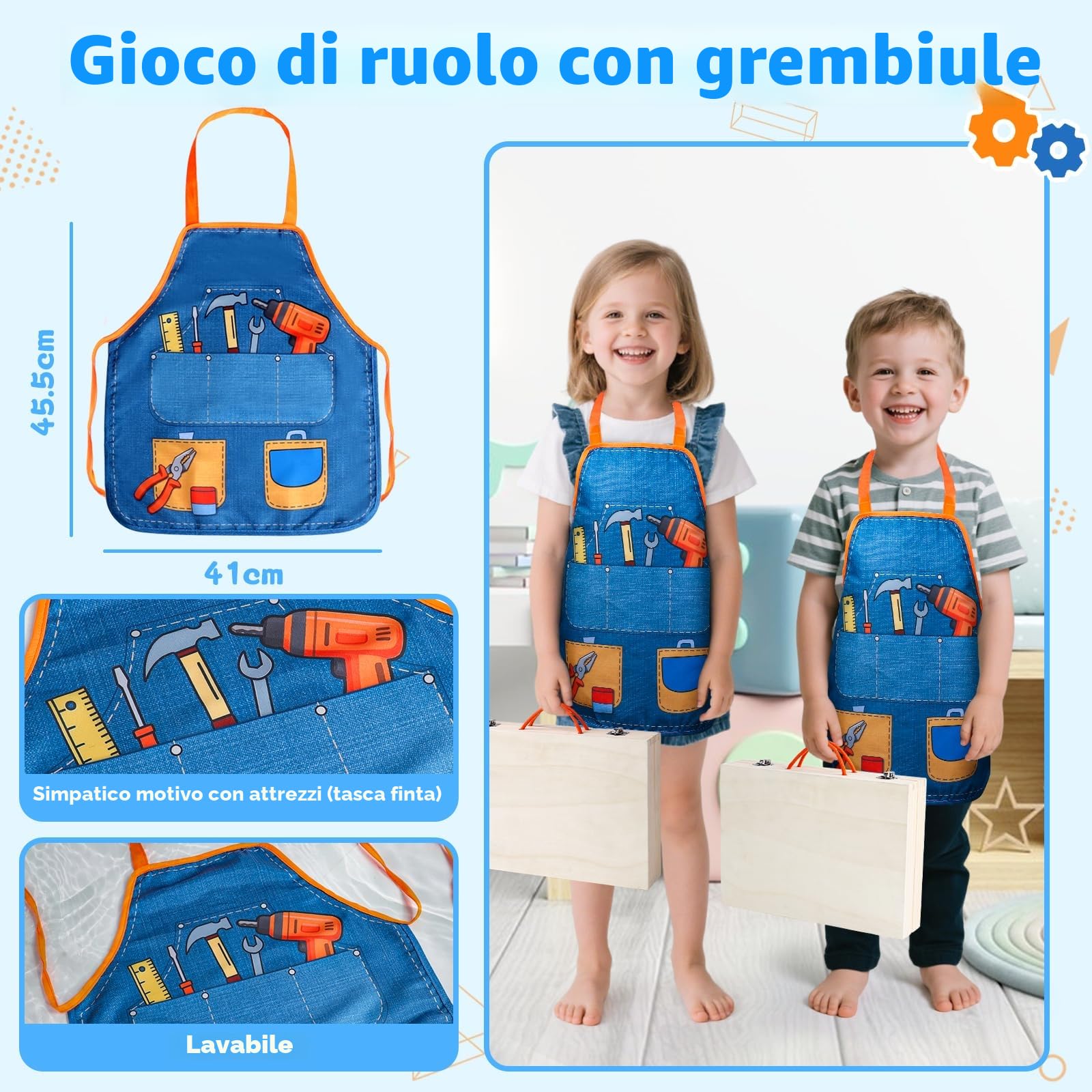 Giochi Bambini 3 Anni Cassetta Attrezzi Bambini Gioco Bambino 3 Anni in Legno con Trapano Elettrico & Grembiule Giochi Montessori 3 4 5 Anni, 45 Pezzi Regalo Bambino 3 4 Anni Maschio, 45 Pezzi