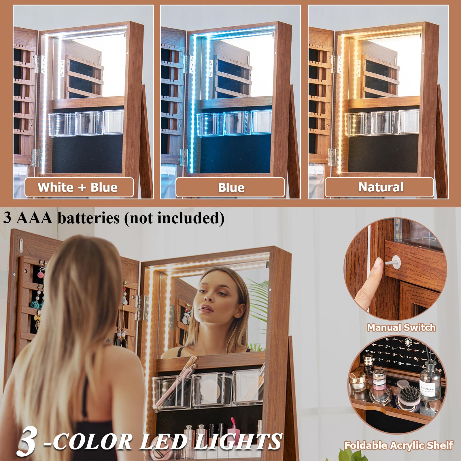 HOMASIS 3 in 1 Schmuckschrank mit Ganzkörperspiegel, 360 ° drehbarer Spiegel mit Schloss, Schmuckaufbewahrung mit LED-Lichtern, Make-up-Organizer mit Ablagen auf der Rückseite (Braun)