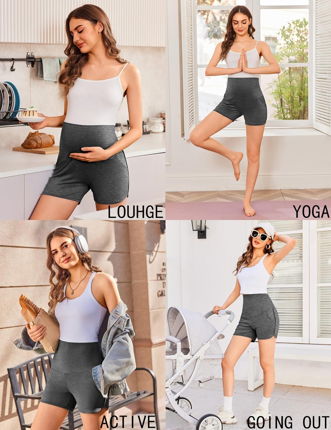 Ekouaer Maternity Shorts Over The Belly Pregnancy Lounge Summer Workout Pajama Sleep Shorts with Pockets - Image 4