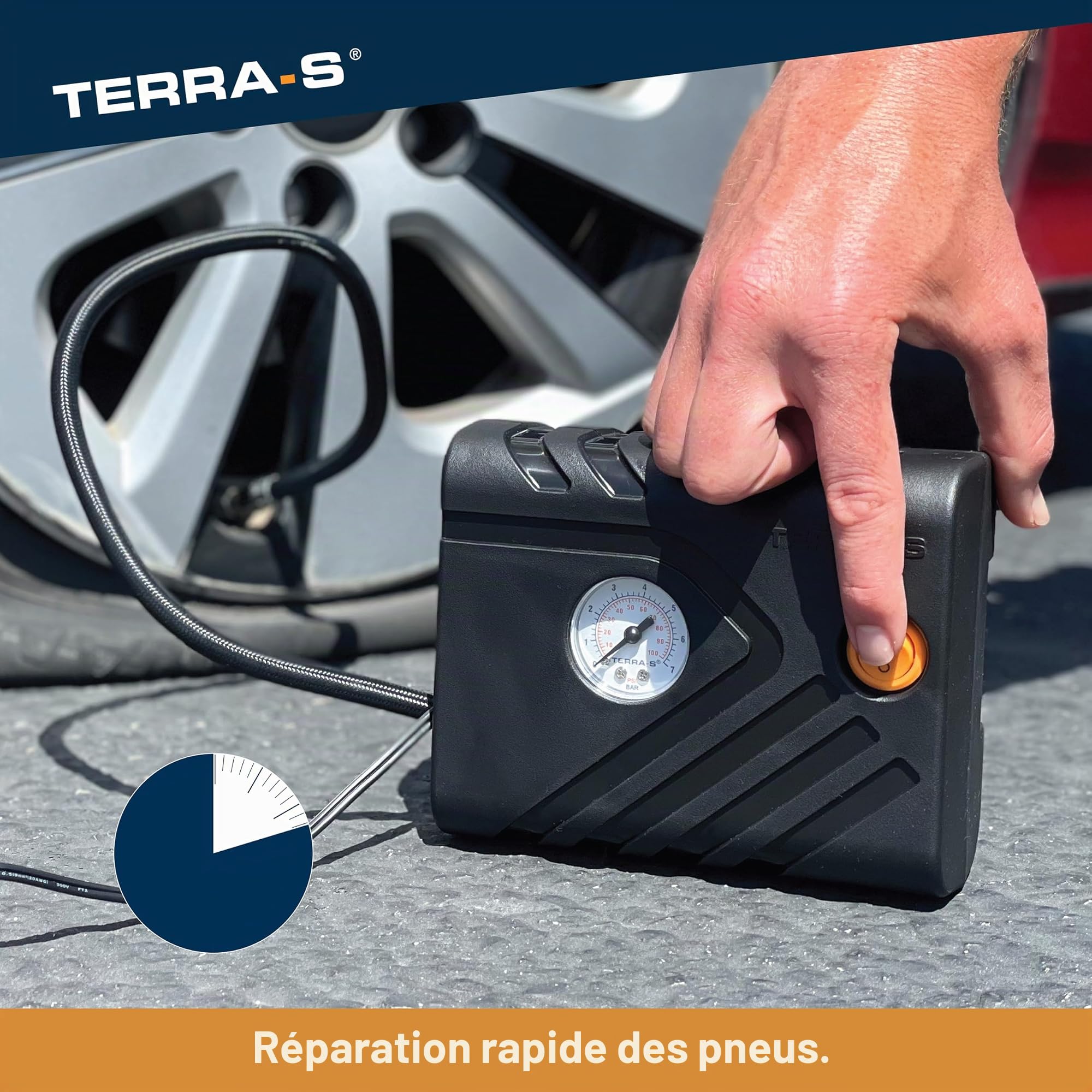 TERRA-S T56001 Kit de réparation d'urgence pour crevaison avec Mastic et Pompe à Pneu pour Voiture et Autres véhicules Automobiles 15 Minutes