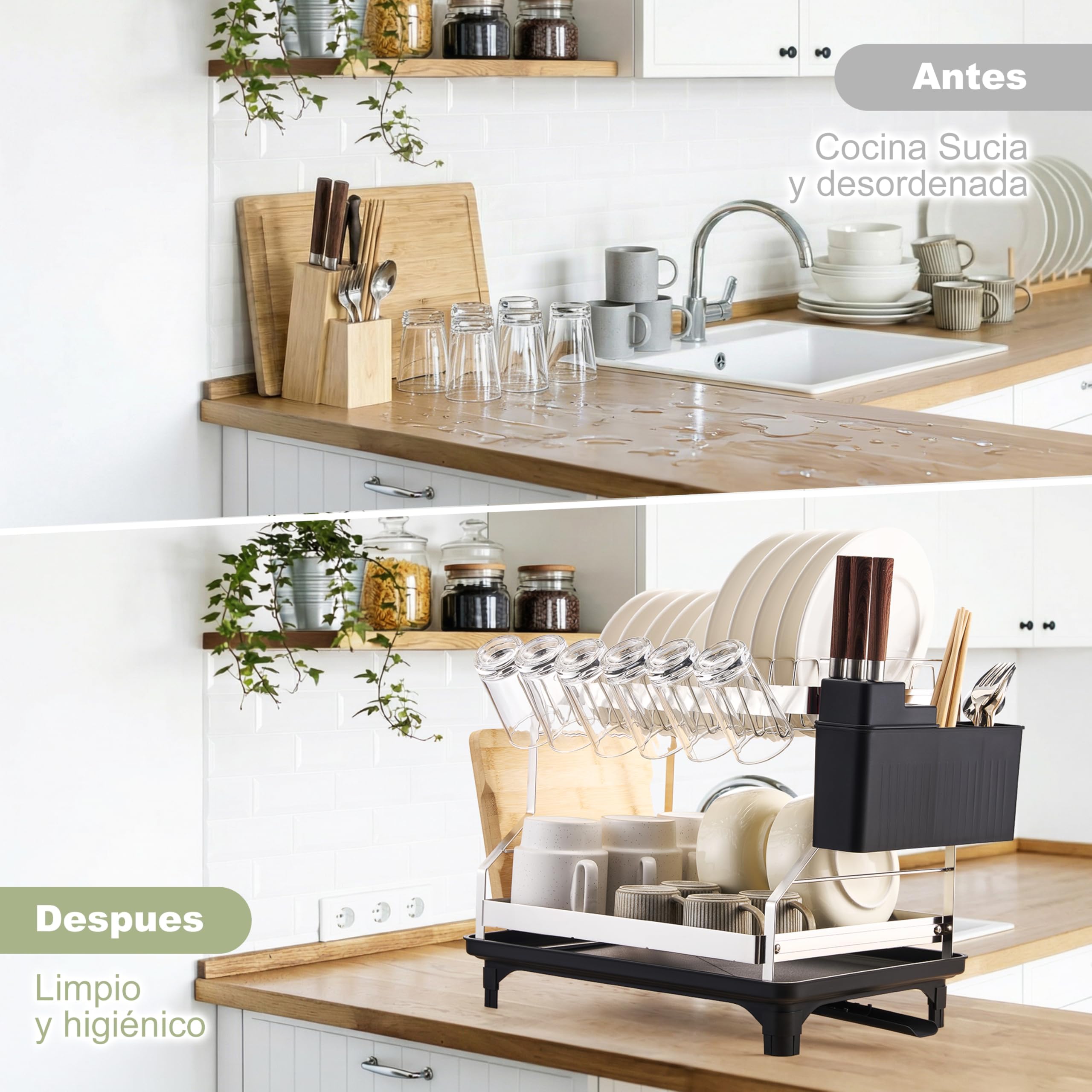 SerkaHome Estante Escurridor de Platos 2 Niveles Acero Inoxidable 304, Escurreplatos Cocina para Fregadero (42 x 29 x 35cm), Organizador de Cocina, Gran Capacidad, Resistente a la Corrosión y al Óxido