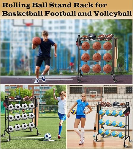 Miniatura 7 de Artibear Basketball Racks Holder for Balls with Wheels, Rolling Metal Sports Equipment Storage Stand Organizer with Baskets and Hooks for