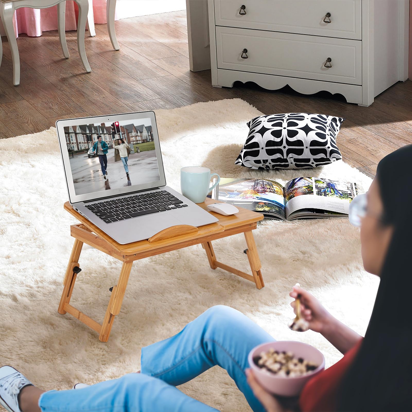 Mesa auxiliar Laptoptisch para ordenador portátil, mesa de bambú con cajón, soporte para ordenador portátil, altura regulable, bandeja para la cama para leer, desayuno, mesa de comedor, mesa de