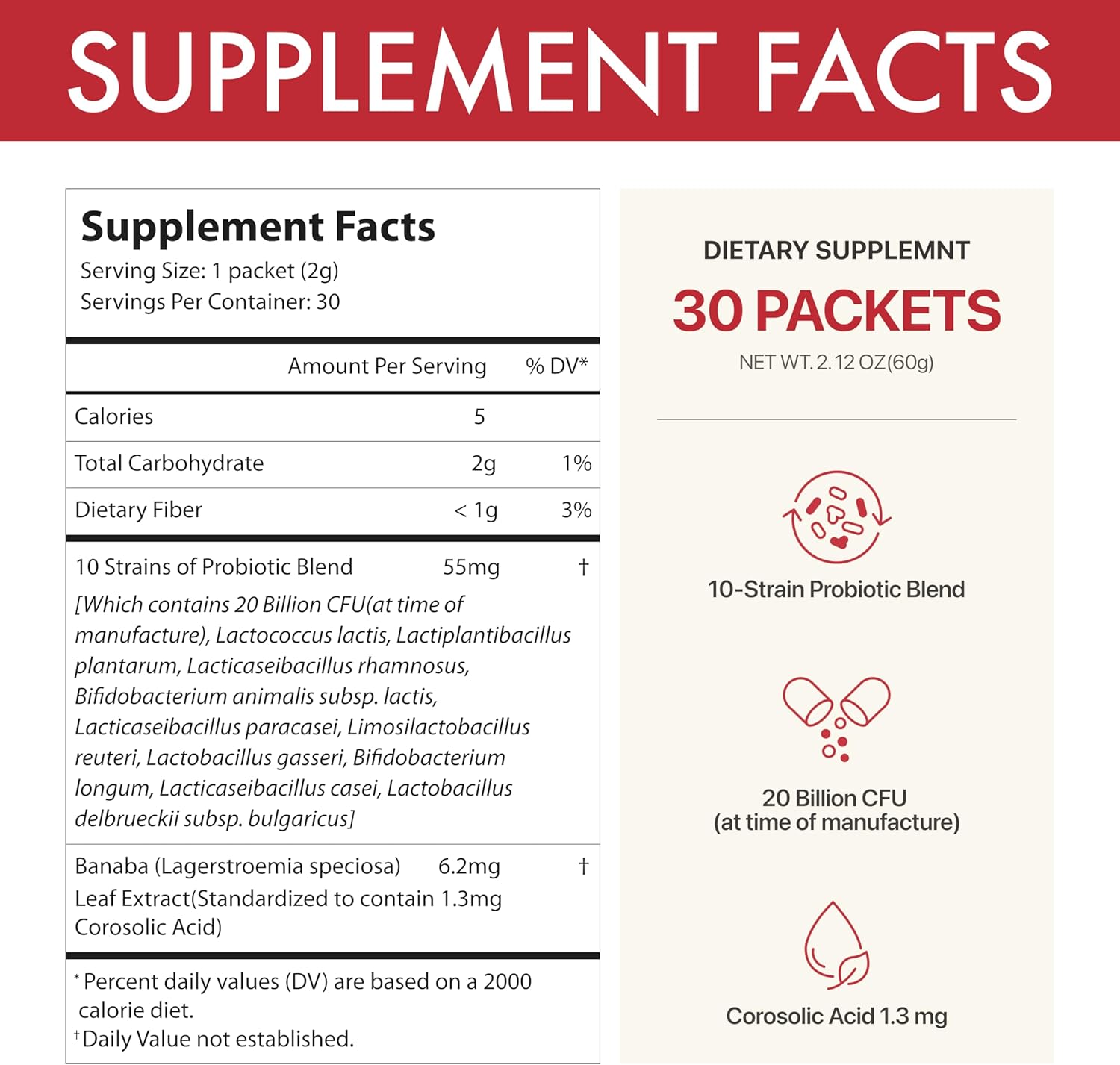 PROBIOTICS for METABOLIC Health – 20 Billion CFU, 10-Strain Probiotics & Prebiotics Powder Sticks, Banaba Leaf, Gut Health, Immune Support, Corosolic Acid, Sugar Free (30 Sticks x 2g)