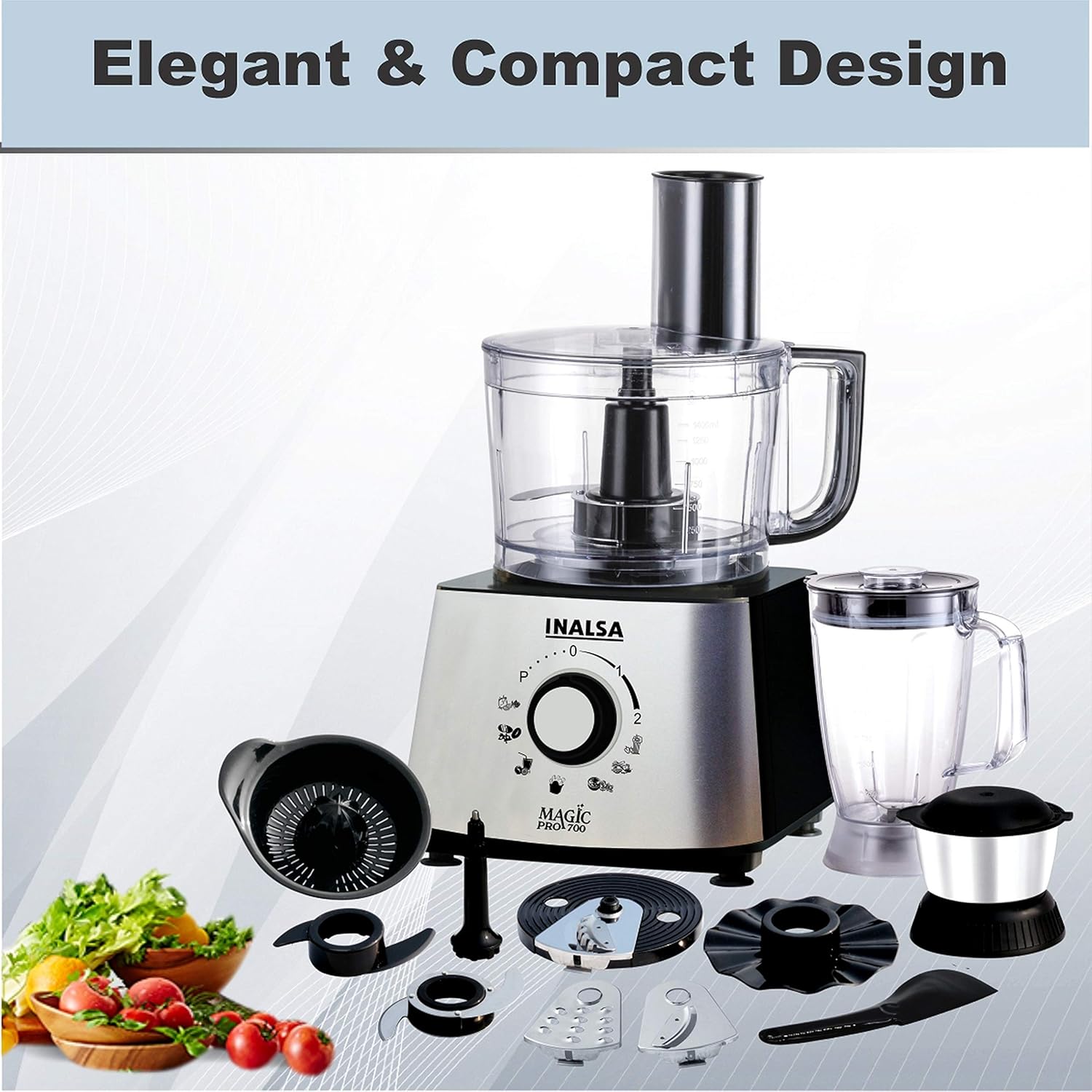 Inalsa Magic Pro Food Processor with all included accessories laid out