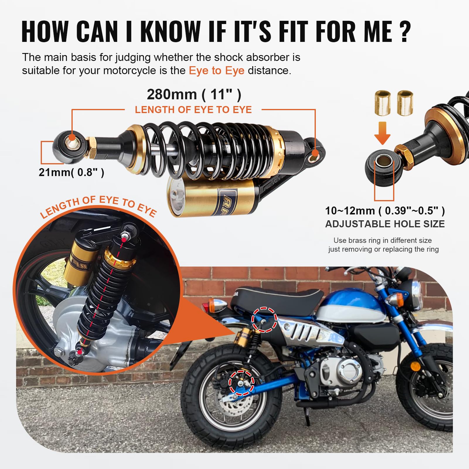 280mm Air Shock Absorber – Adjustable Black & Gold For Honda Yamaha Kawasaki (efmotorshop)
