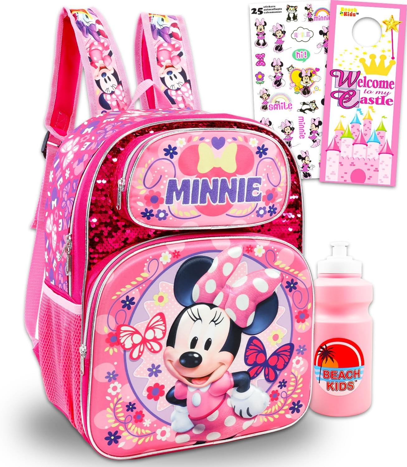 Minnie Mouse School Backpack for Girls - Bundle with 16” Disney Sequin Bag Plus Water Bottle, Stickers, More | Minnie School Supplies for Kids
