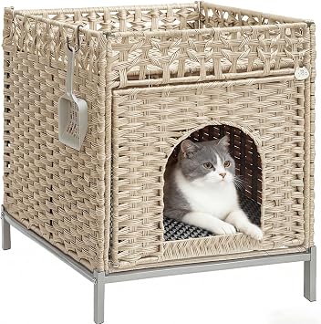Homegroove Cat Litter Box Enclosure Furniture, Hidden Litter Box with Soft Mat and Fence, Comfortable Handwoven Rattan Cat House with S-Shaped Hooks for Living Room, Bedroom Camel