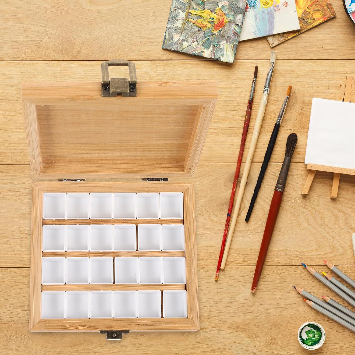 Portable Mini Watercolor Palette Box with Wooden and Plastic Construction, Lightweight Design for Travel and Art the Go, Empty Watercolor Paint Mixing Tray for Artists