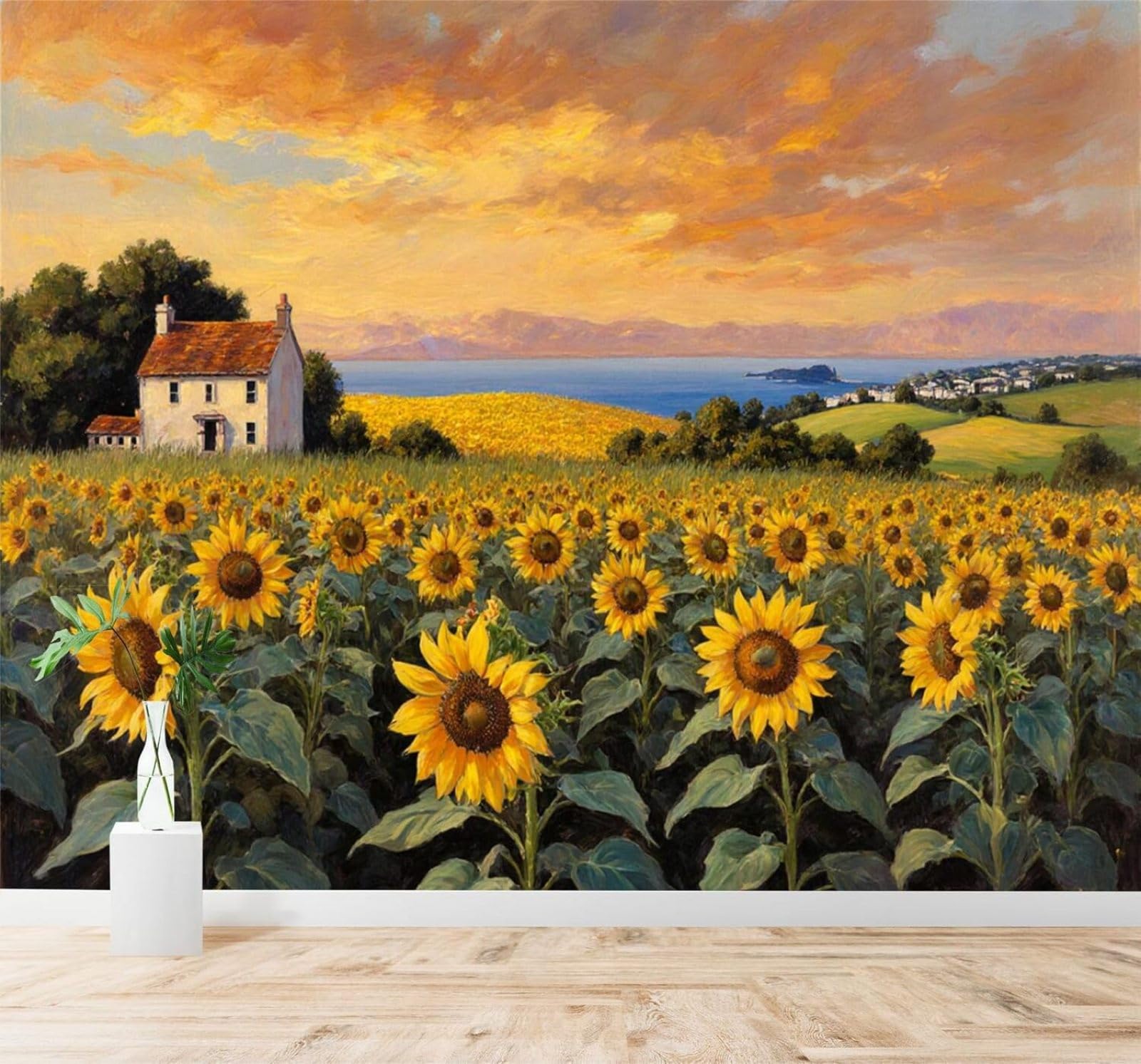 XLMING Sunflower Field Cottage Coastal Scenery Golden Sunset Sky 3D Wallpaper Silky Texture Home Study Office Grey Dining Room Sofa Bedroom Living Room TV Backdrop-400cm×280cm
