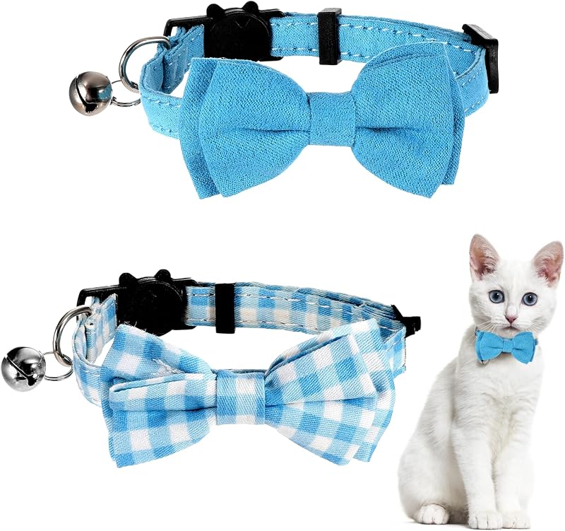 Coleira para Gatos com Guizo, Fecho de Segurança e Gravata Borboleta Removível Sliverdew Azul – Pacote com 2