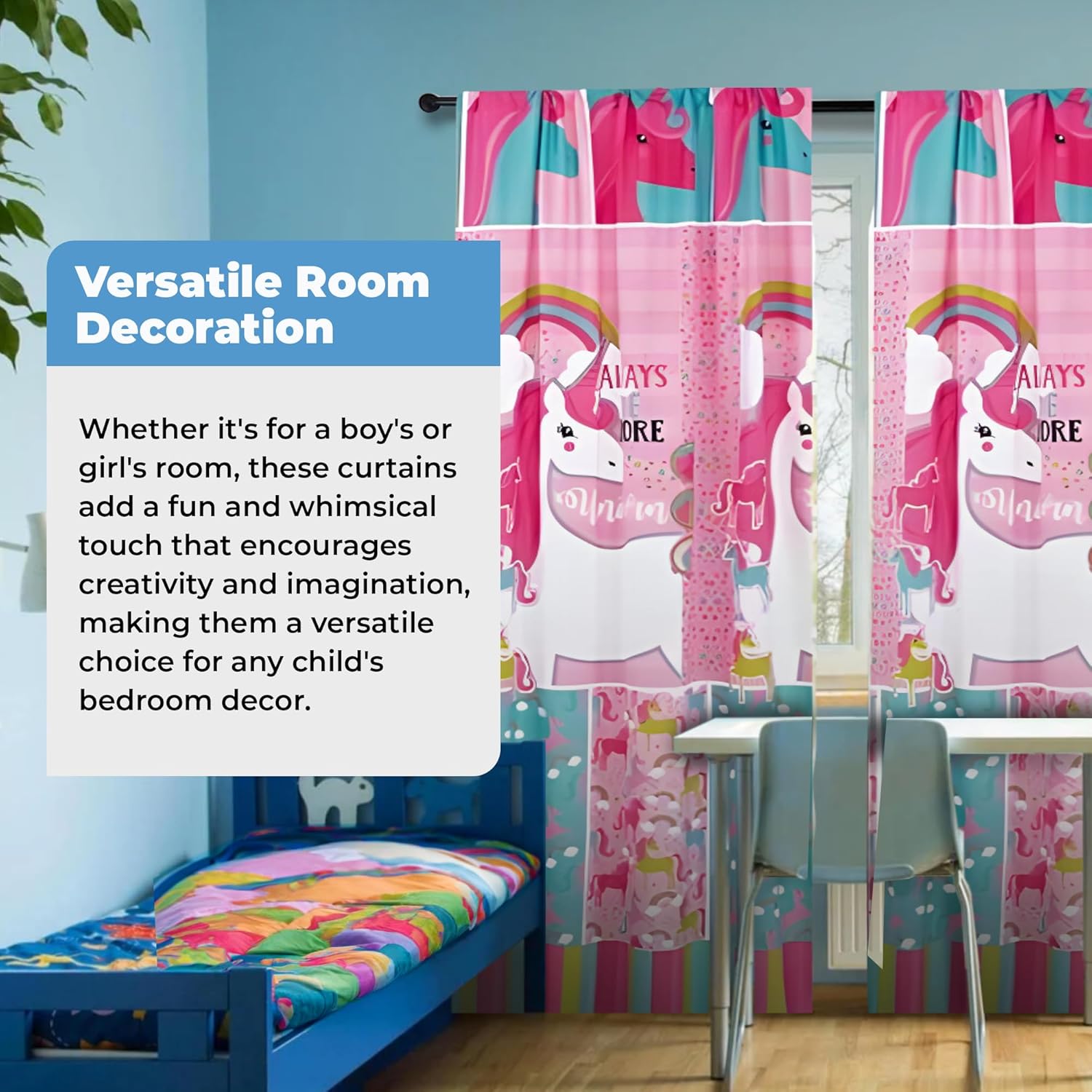 LinenTopia Kids Window Curtain 2 Panel Sets - 38"x84" Toddler Kids Unicorn Curtains w/ 2 Rod Pockets & 2 Tiebacks for Girls Bedroom - (Unicorn)