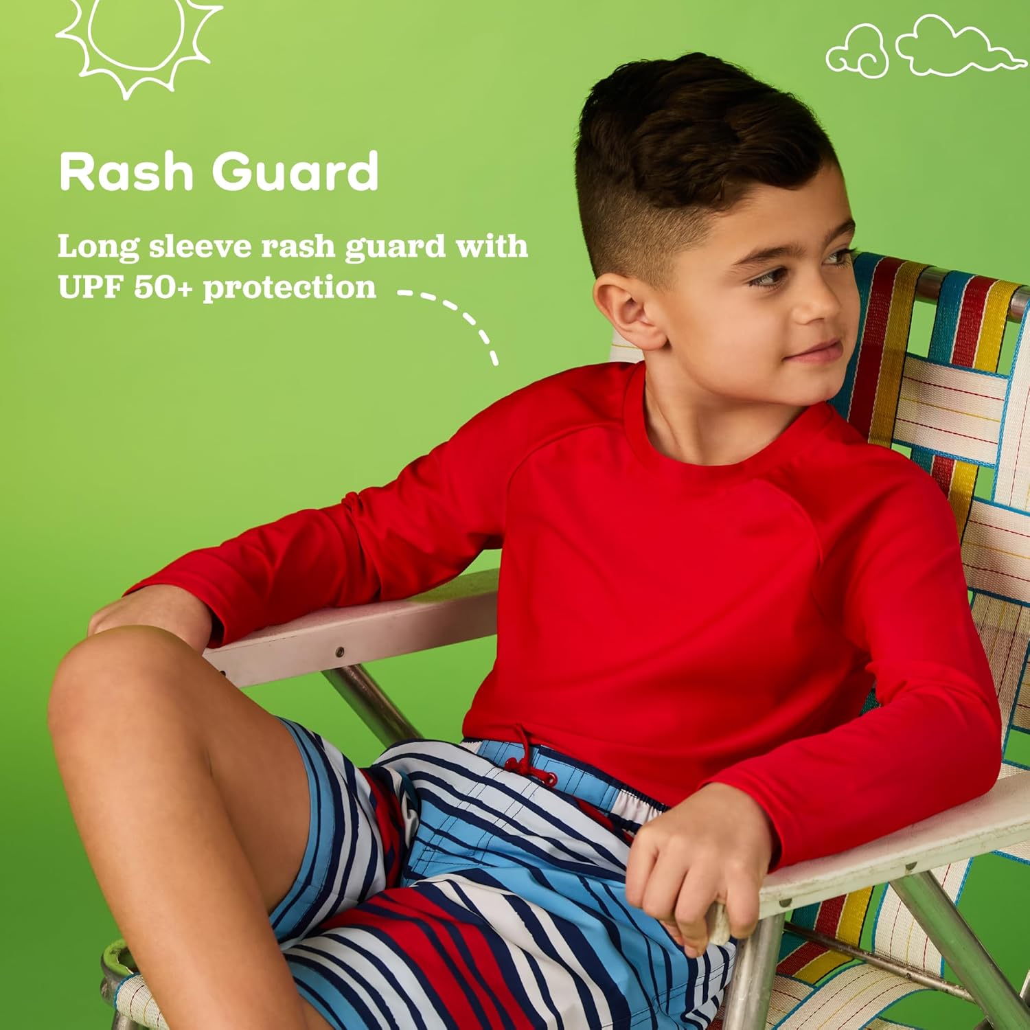 Saint Eve Kids 2 Piece Long Sleeve Rash Guard & Swim Trunks Set with UPF 50+ Protection - Boys Swimsuit Set, Green Bold Stripe, Medium