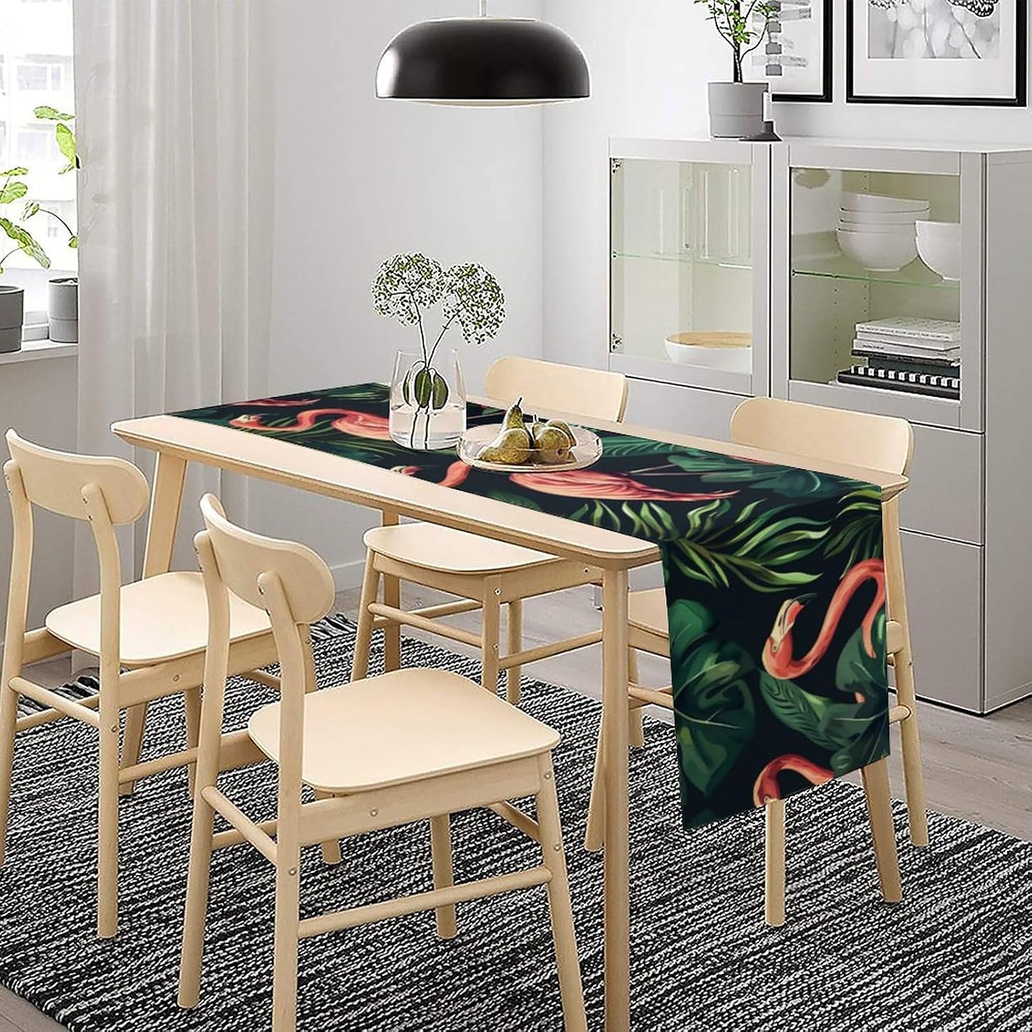 Wild Animal Flamingo Table Runner, Palm Leaf Forest Dresser Scarf for Dining Table, Kitchen, Party Or Farmhouse Decor, 13x36 Inch