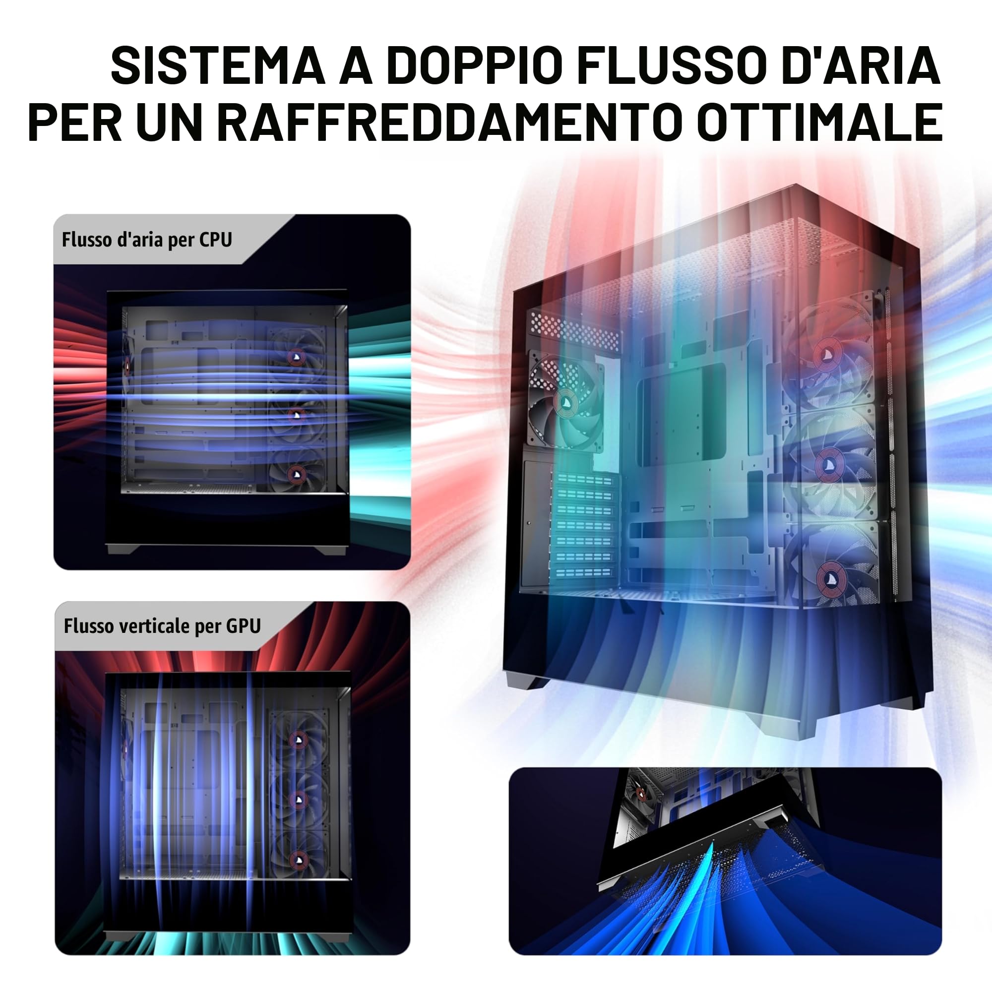 KEDIERS Case PC Preinstallato con 4 × 120MM Ventola Nera, Case PC Mid Tower ATX, Case Computer con Vista Panoramica Pannello Frontale in Vetro Temperato, Nero, P4