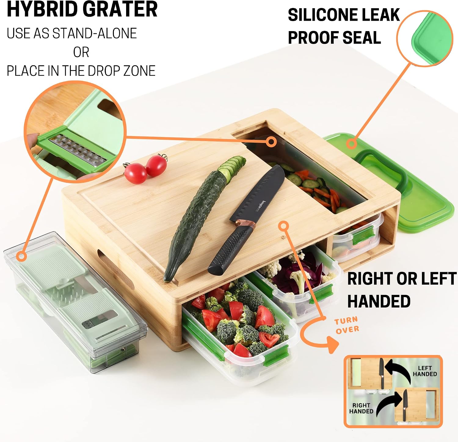 Smart Bamboo Cutting Board With Containers, Locking Lid, and Built-in GRATER. Easy To Clean Food Prep Station With Trays. Extra Large Smart Cutting Board Set with Stackable Containers For Easy Storage