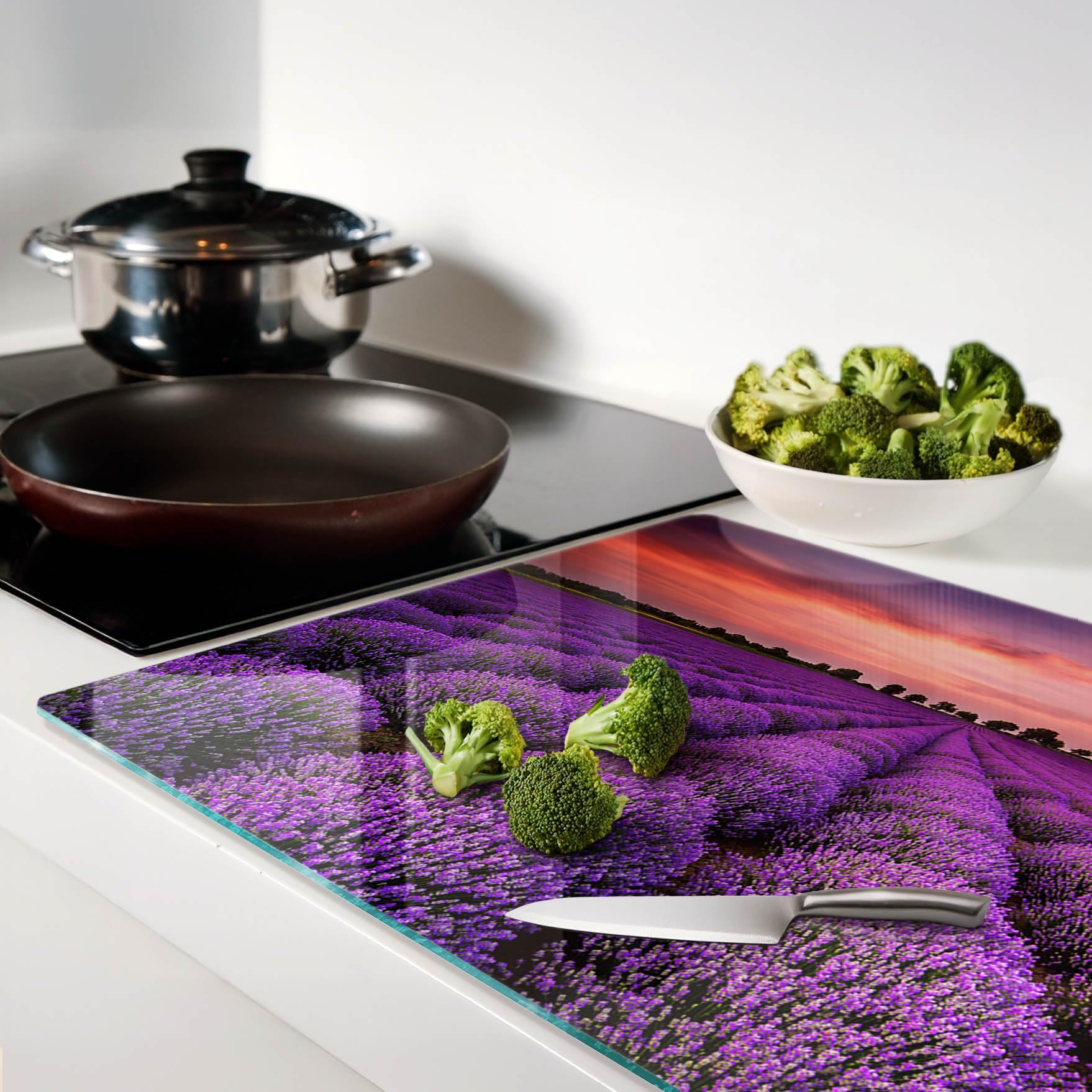 Tagliere in Vetro Protezione 80x52 cm Durevole e Igienico Antigraffio Facile da Pulire con Piedini Antiscivolo Rettangolare Resistente al Calore da Cucina con Stampe - Campo di lavanda