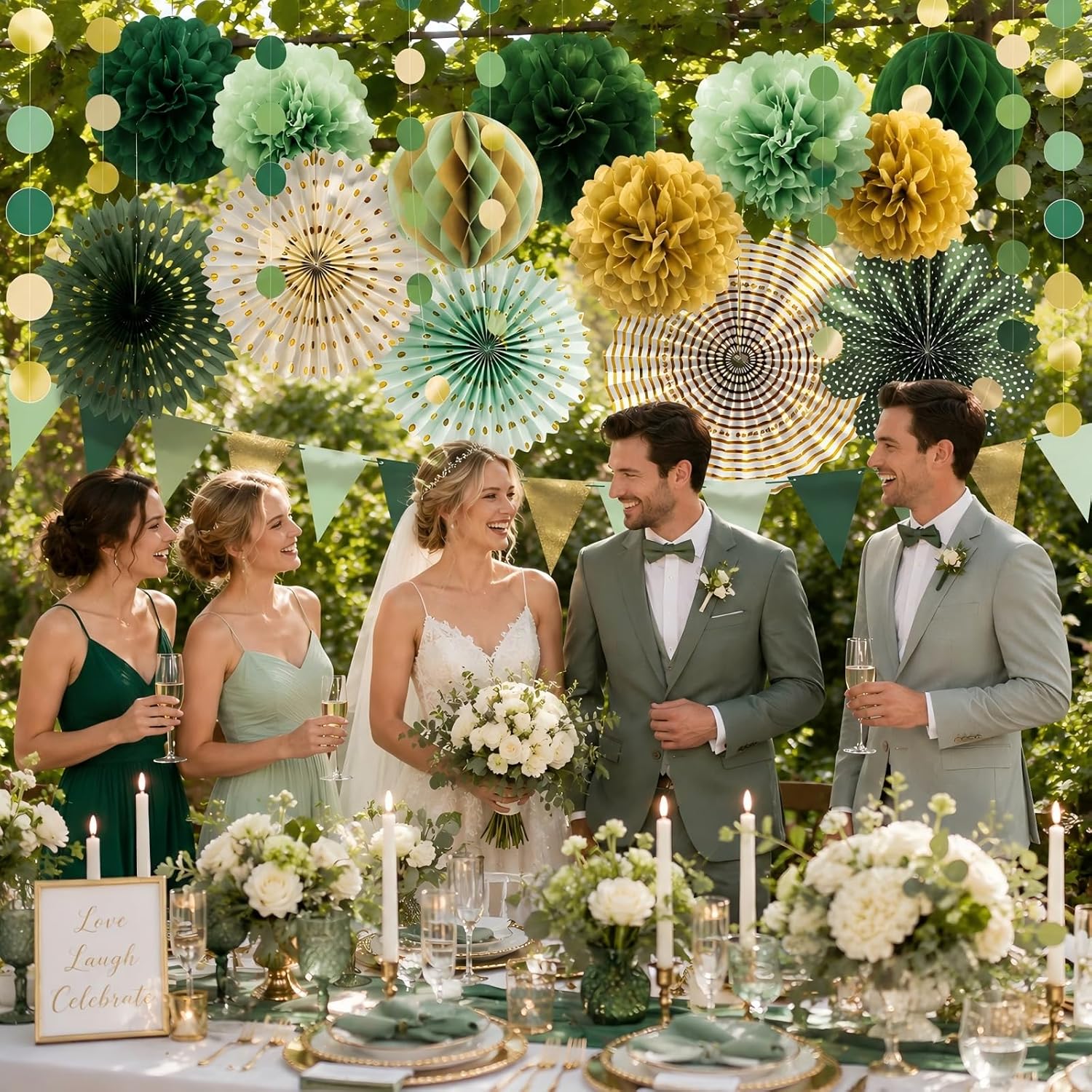 Sage Green Gold Party Decorations, Paper Fans Honeycomb Balls Circle Garlands for Graduation, Boho Gender Neutral Baby Shower, Olive Woodland Birthday, Bridal Shower Party Supplies, 20Pcs