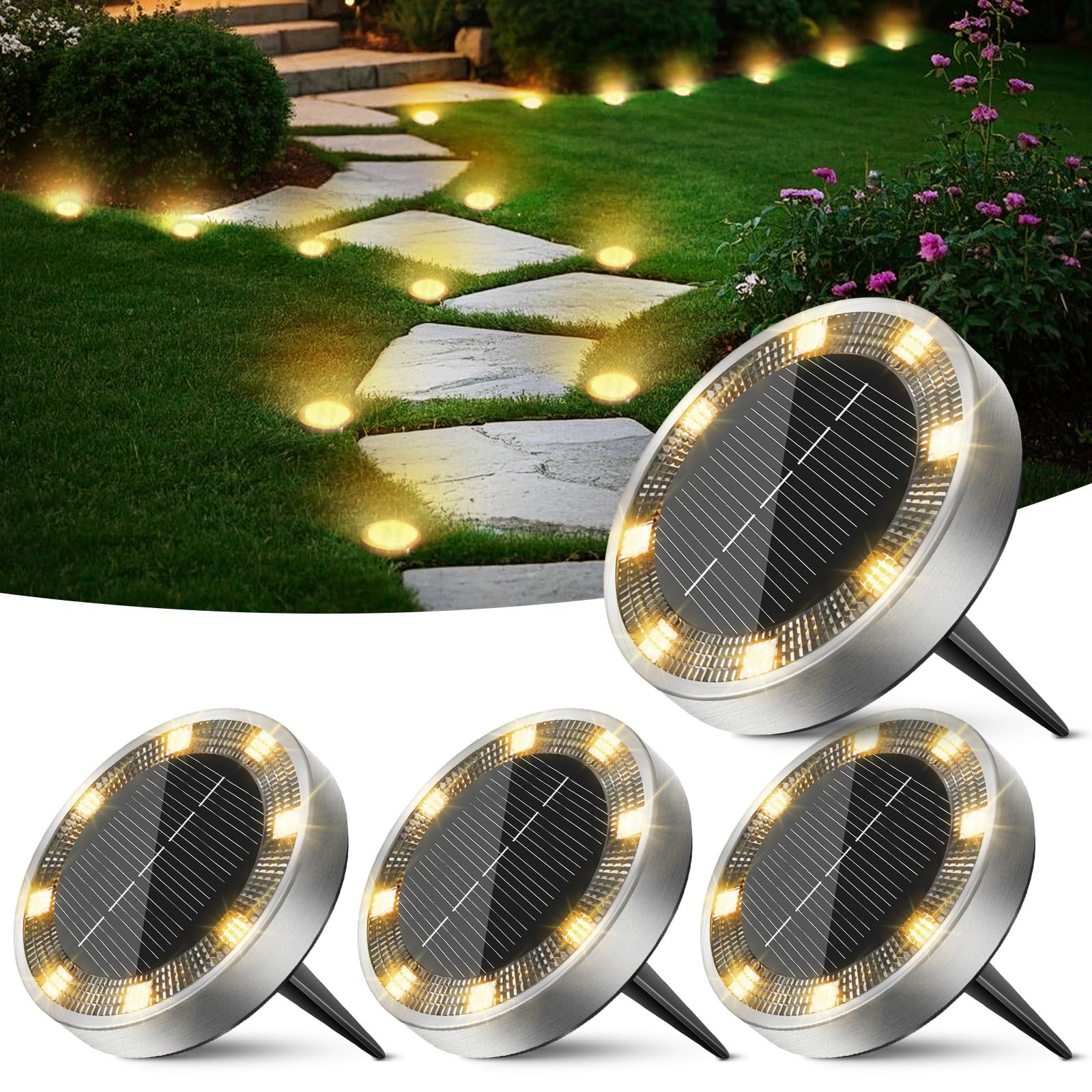 Peasur 12 Paquetes Luces Solares LED Exterior Jardin Suelo,8 LED Luz Solar Exterior Jardin, IP65 Impermeable Luces Solares para Patio, Camino, Césped, Blanco Frío — view 22