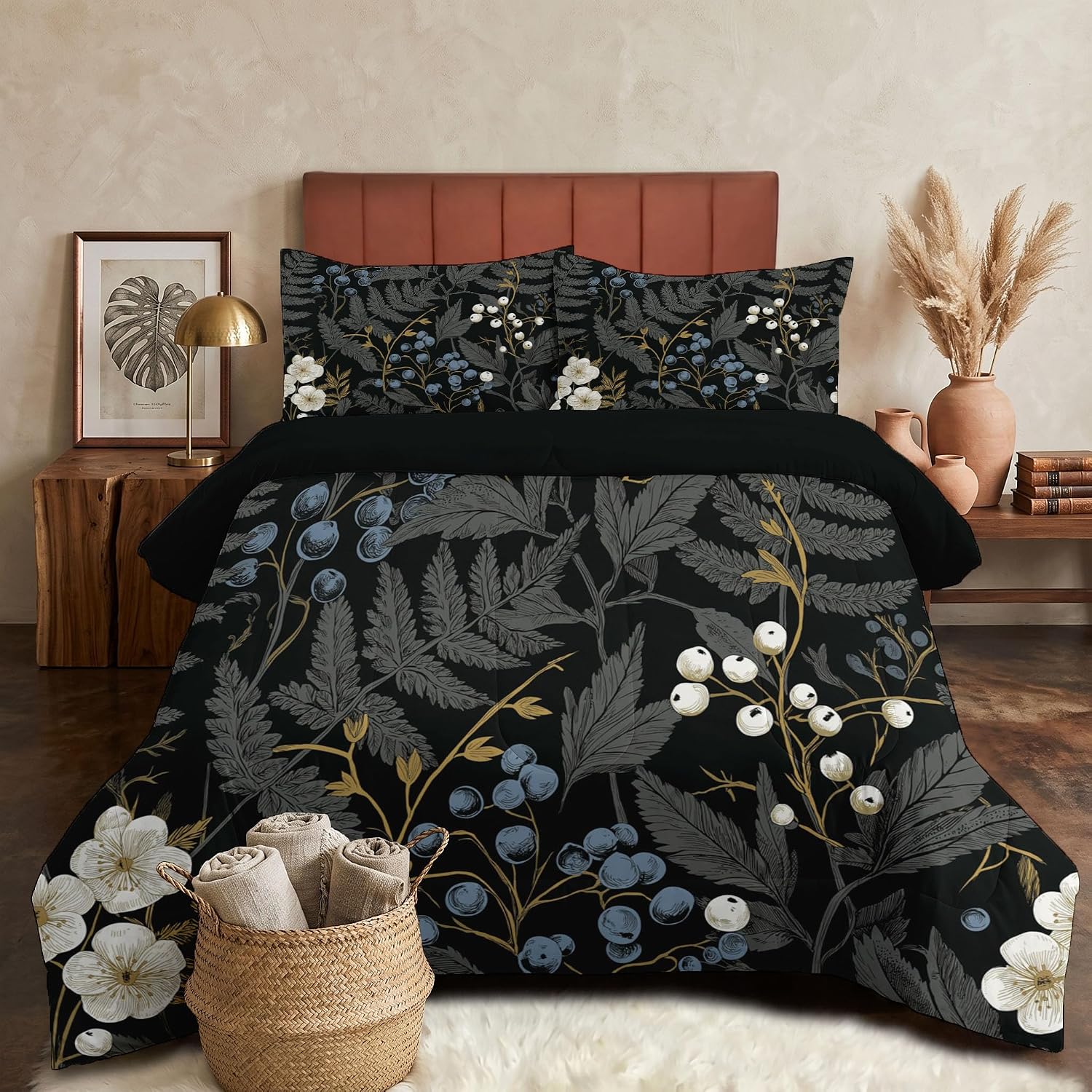 Forest Plants Quilt Set Twin 3 Pieces, Black Quilts Bedding Set Wildflowers and Leaves Bedspread Bed Cover Lightweight Spring Summer Beds Coverlet for All Season - 68"X90"