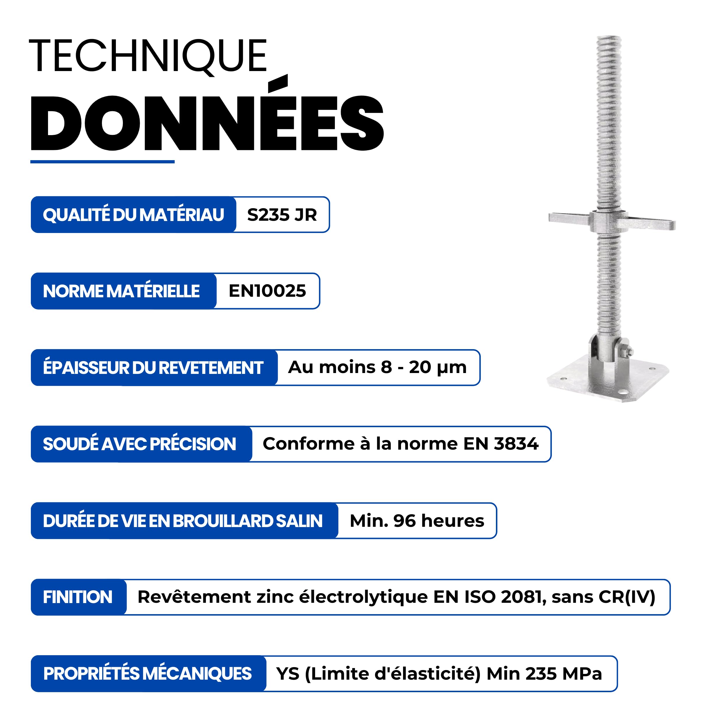 GeZu Impex Pied d'échafaudage avec Tige Filetée Ø 38 x 500 mm Lot de 4 | Galvanoplastie plaques de pieds réglables