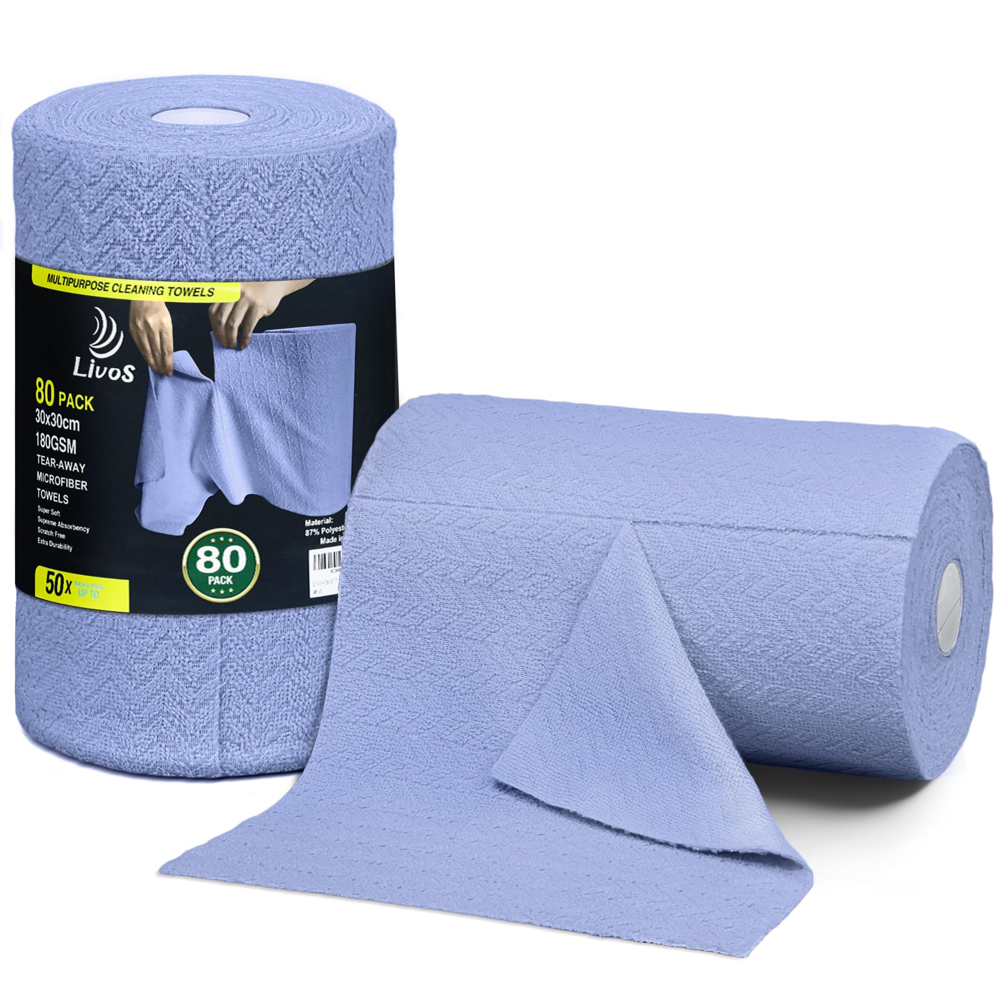 LIVOS Rotolo di panno in microfibra, confezione da 80 asciugamani di carta riutilizzabili, asciugamani in microfibra per auto, super assorbenti, senza pelucchi, per casa, cucina, finestre, viola