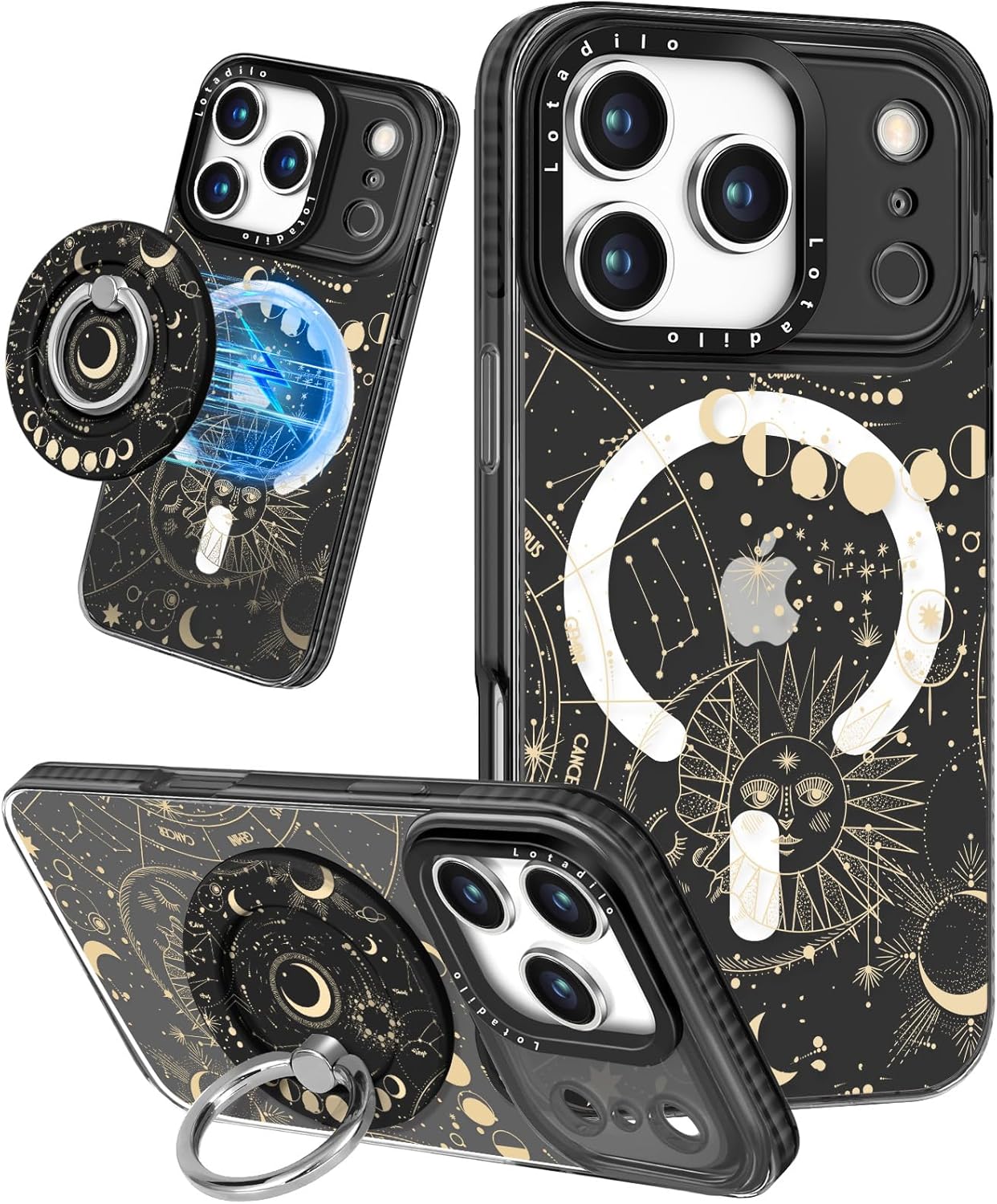 case for iphone 17 pro case compatible with magsafe ring holder stand - for women sun moon design tpu phone cover for girls girly funny fashion sun moon for iphone 17 pro