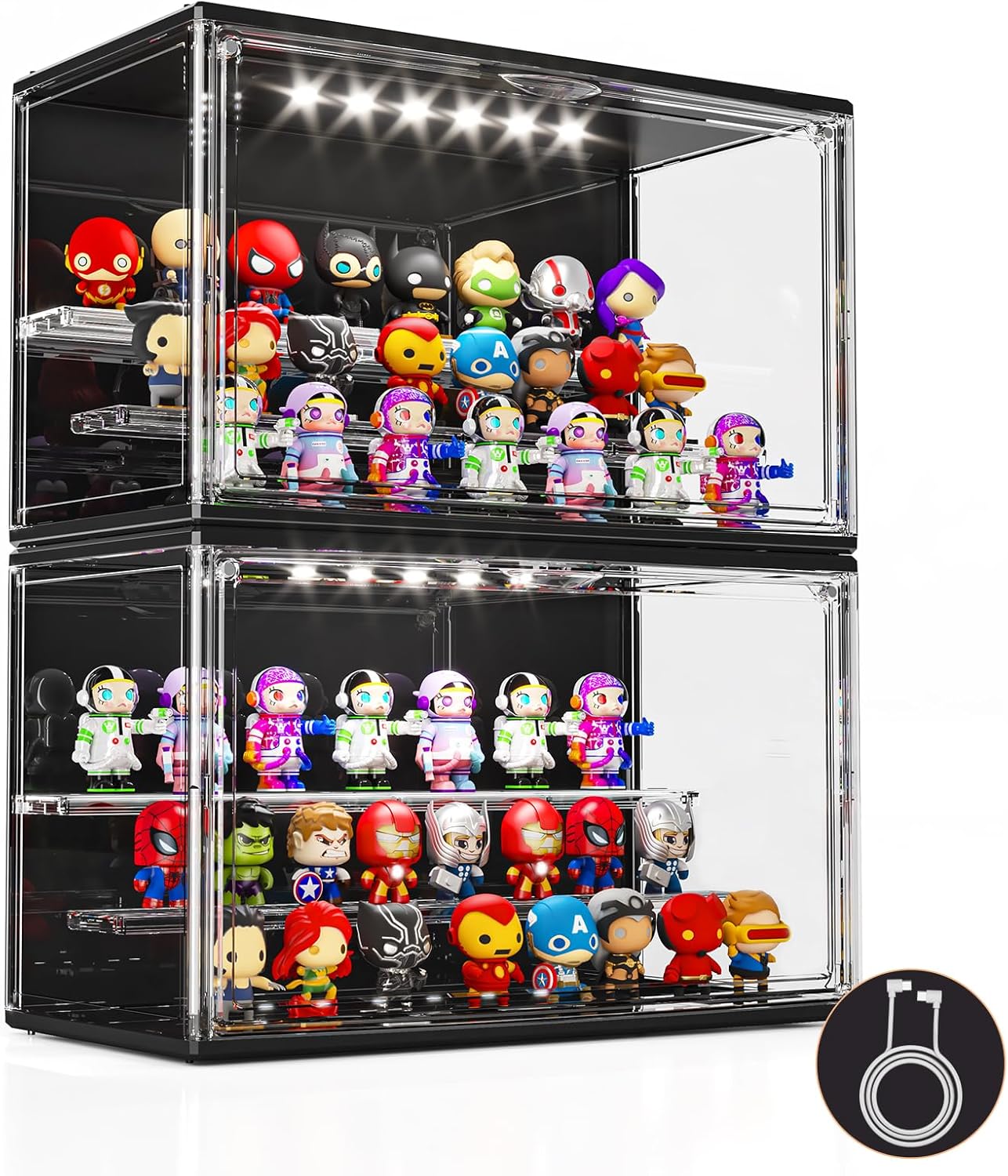 Acrylic Display Case for Collectibles with LED Light, 3 Layer Adjustable Figure Display Case with Magnetic Door, Lighted Display Box Stackable Clear Blind Box for Action Figure, Popmart, 2 Pack, Black L-Black-2 Pack