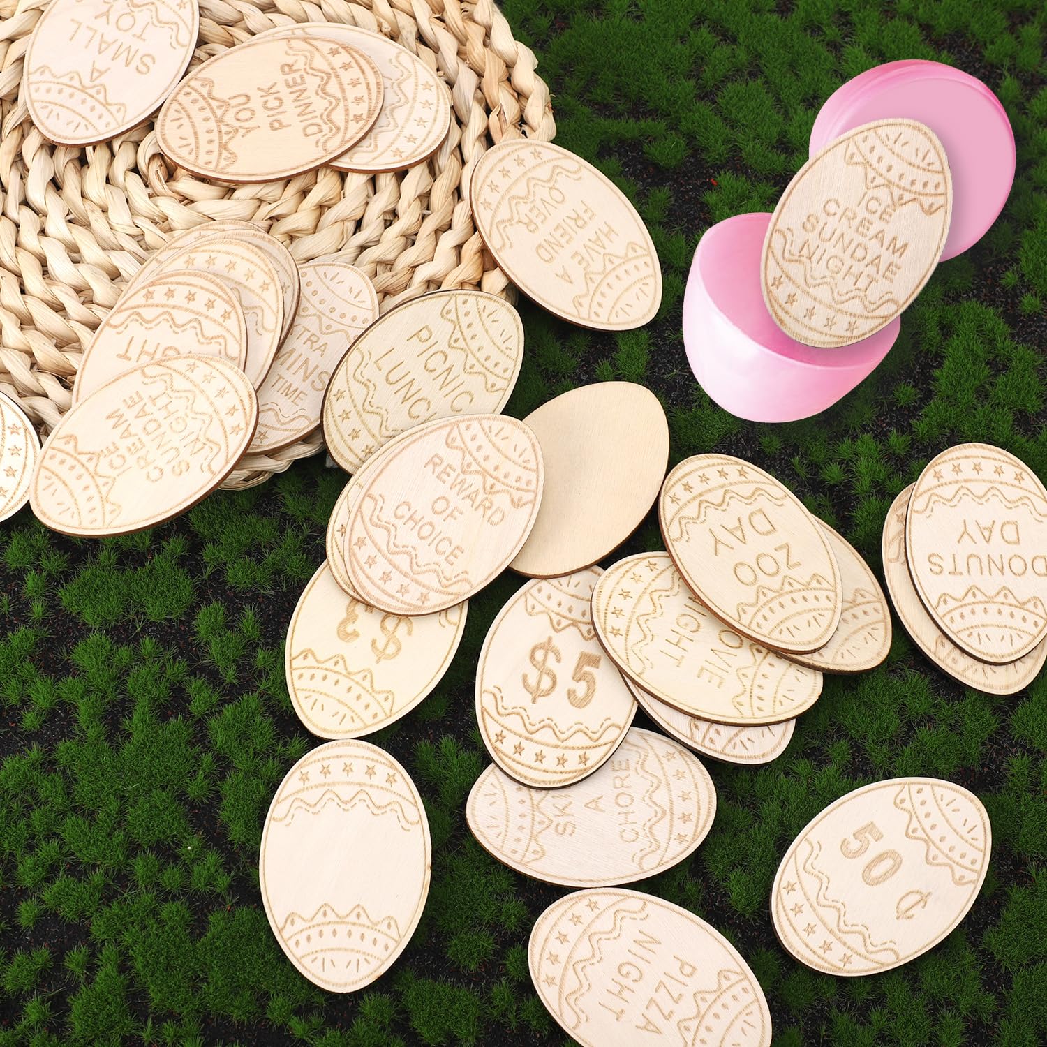 27pcs Easter Egg Fillers, Wooden Easter Reward Tokens Coins Include 24 Different Designs and 3 Blank DIY Tokens Basket Stuffers Activities Gifts for Kids (Egg Shape)