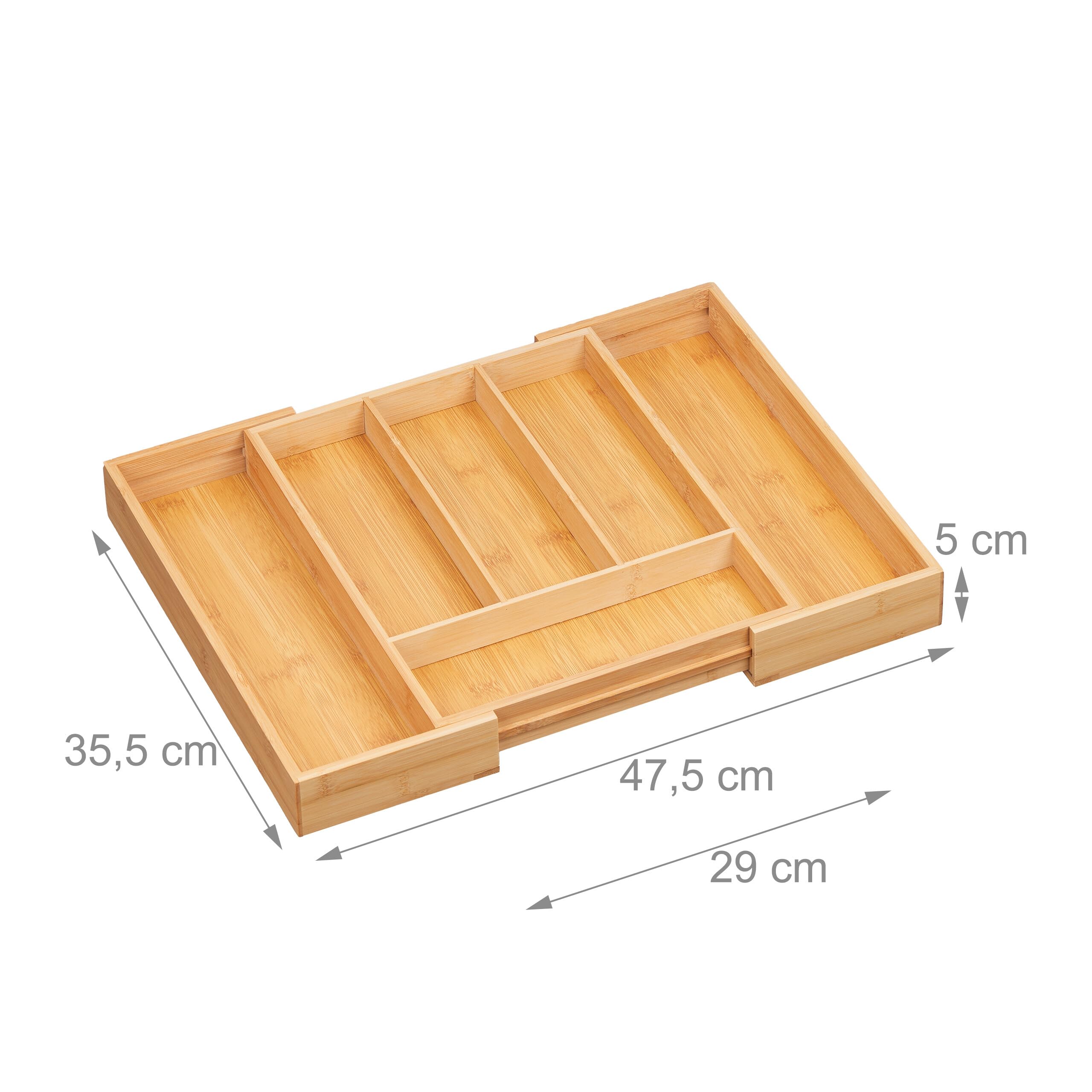 Relaxdays Pojemnik na sztućce wysuwany, bambus, wys. x gł.: 5 x 29-47,5 x 35,5 cm, 4-6 przegródek, wkład na sztućce do szuflad, naturalny