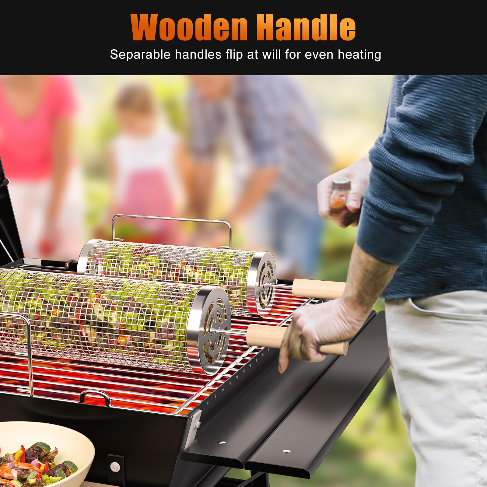 Cestas de parrilla con ruedas para parrilla al aire libre, 2 cestas para parrilla de barbacoa, juego de accesorios para parrilla de barbacoa de acero inoxidable, herramientas de cocina de picnic para 5